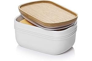 DOWAN Ceramic Counter Butter Keeper with Airtight Wooden Lid