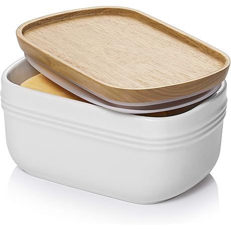 DOWAN Ceramic Counter Butter Keeper with Airtight Wooden Lid