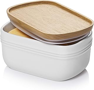DOWAN Ceramic Butter Dish, Extra Large Butter Keeper for Countertop or Fridge, Airtight Butter Container with Wooden Lid, Farmhouse Kitchen Decor and Accessories, Freezer Safe, White