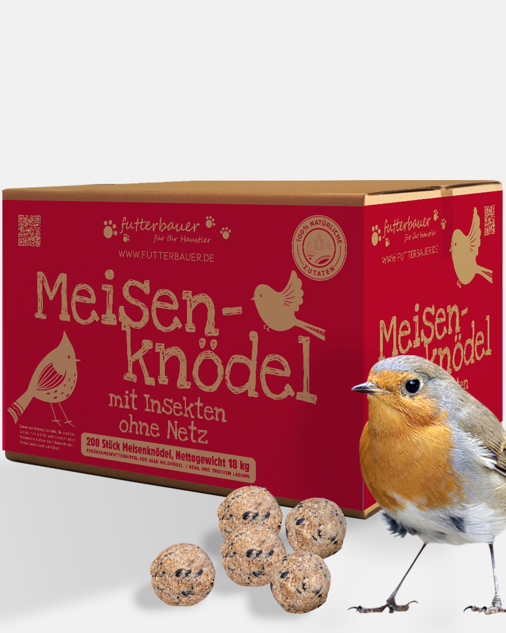 Futterbauer Meisenknödel 200 Stück ohne Netz Plus Insekten, Energiereiche Meisenknödel mit Insekten für Wildvögel, ohne Netz, ca. 90 g je Knödel, mit Vitaminen & Fetten