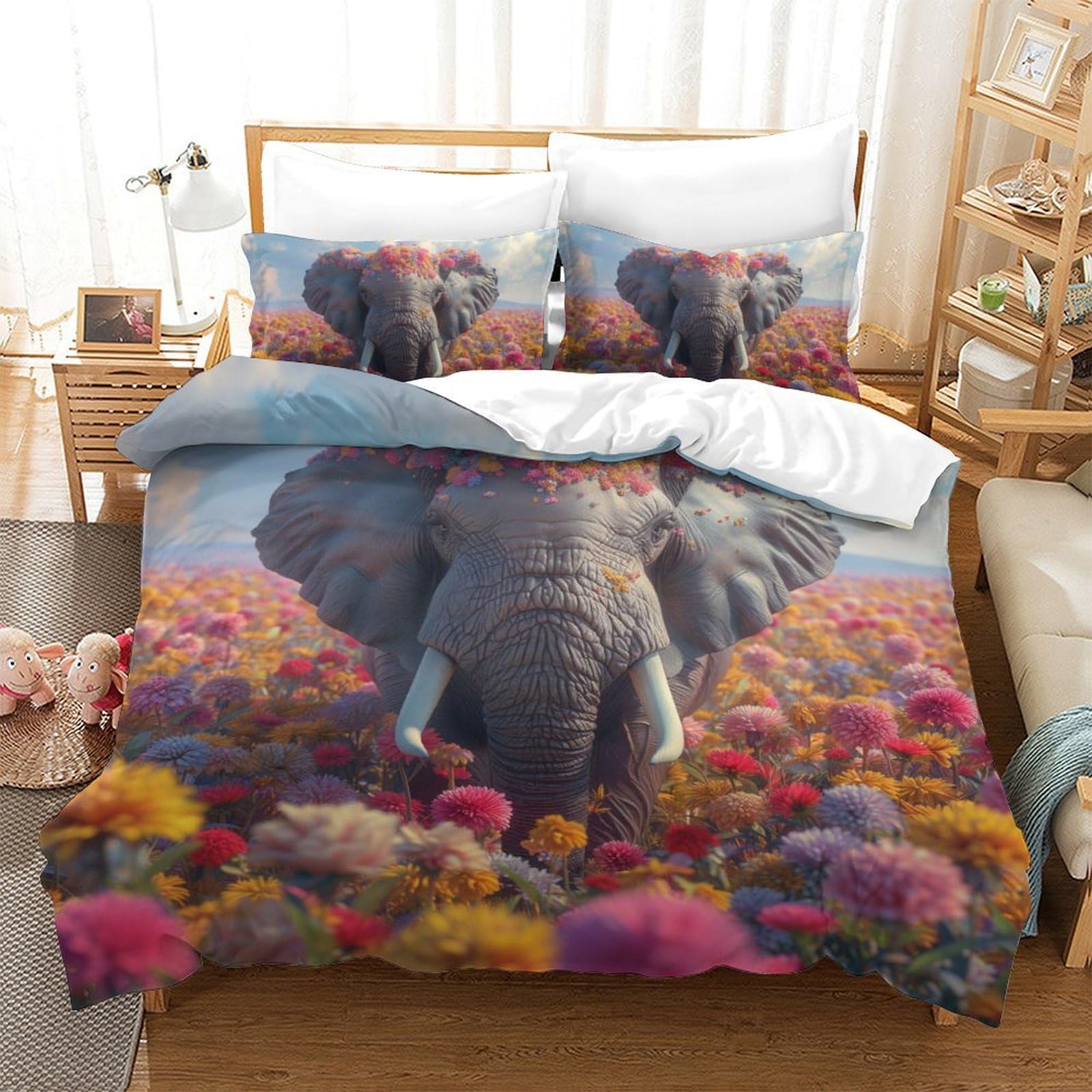 Parure de lit éléphant anti-plis avec fermeture éclair pour lit double ado facile à laver