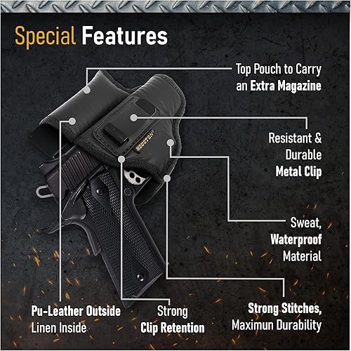 Miniatura 3 de Houston - Funda para pistola IWB con bolsa para mag, piel ecológica, material suave de transporte oculto, se adapta a barril 1911 de 5 y 4 pulgadas,