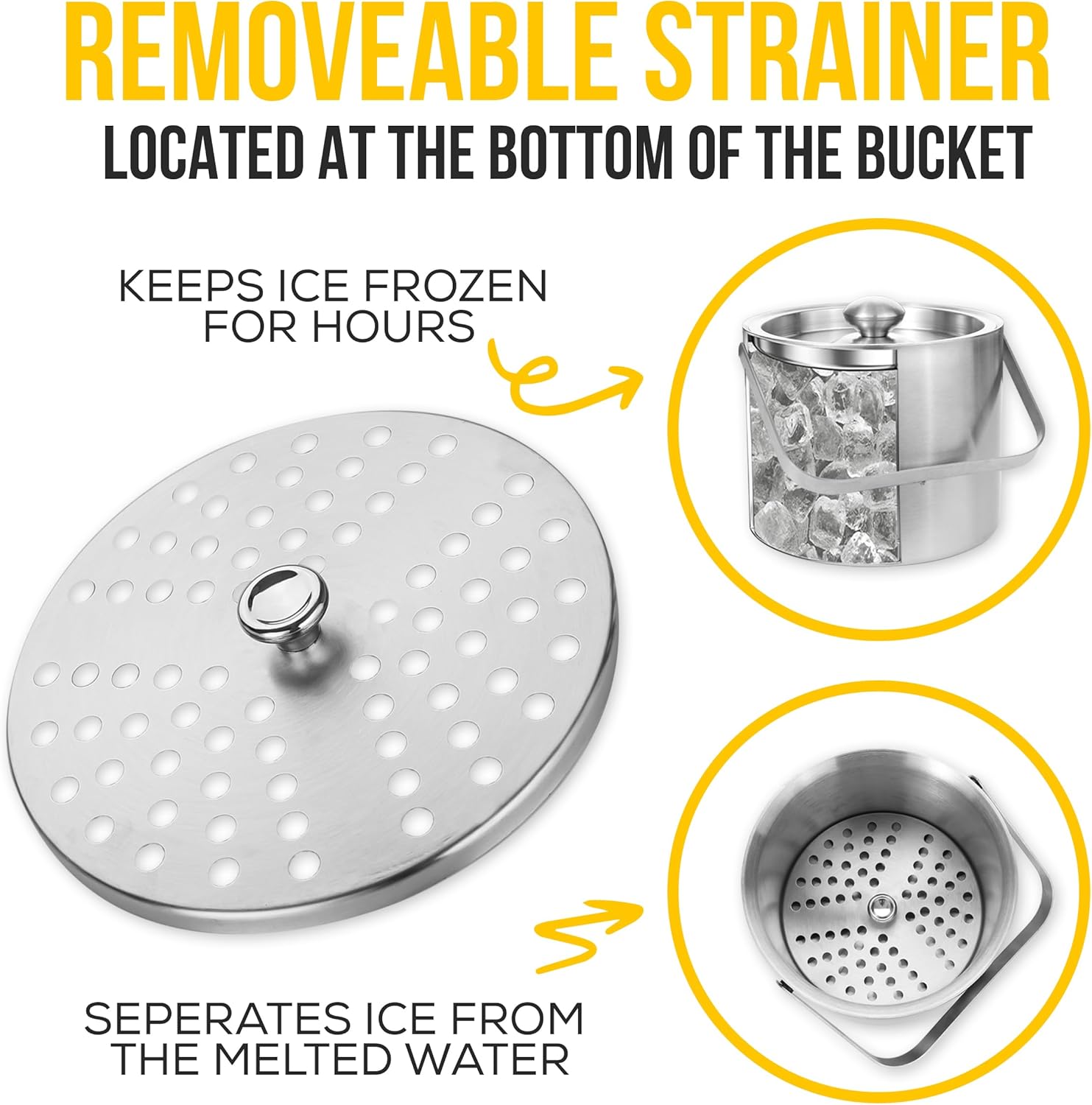 Ice Bucket with Lid, Ice Tongs, Spoon, and Strainer - Double Walled Insulated Stainless Steel to Keep Ice Frozen Longer - Perfect for Parties, Cocktail Bar, Chilling Wine, Champagne - Size 3 Liter