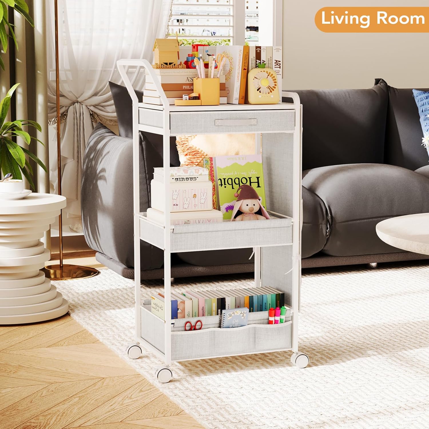 BBLIKE 3-Tier Diaper Caddy Organizer - Rolling Utility Baby Cart with Drawer and Side Pockets for Nursery and Baby Essentials, Multi-Function Cart for Bedroom and Bathroom, White