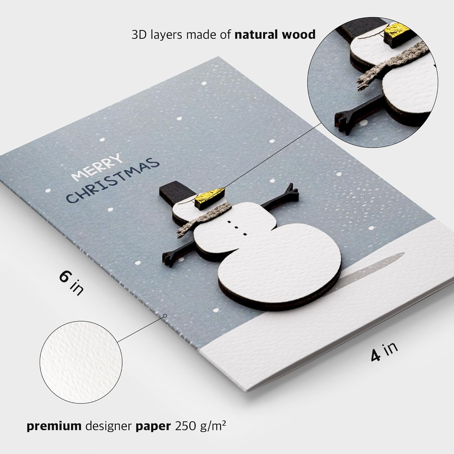Handmade Christmas Cards Set of 5 – Premium 3D Wooden Holiday Cards with Kraft Envelopes – Boxed Gift Set for Friends & Family – Merry Christmas Gift Card