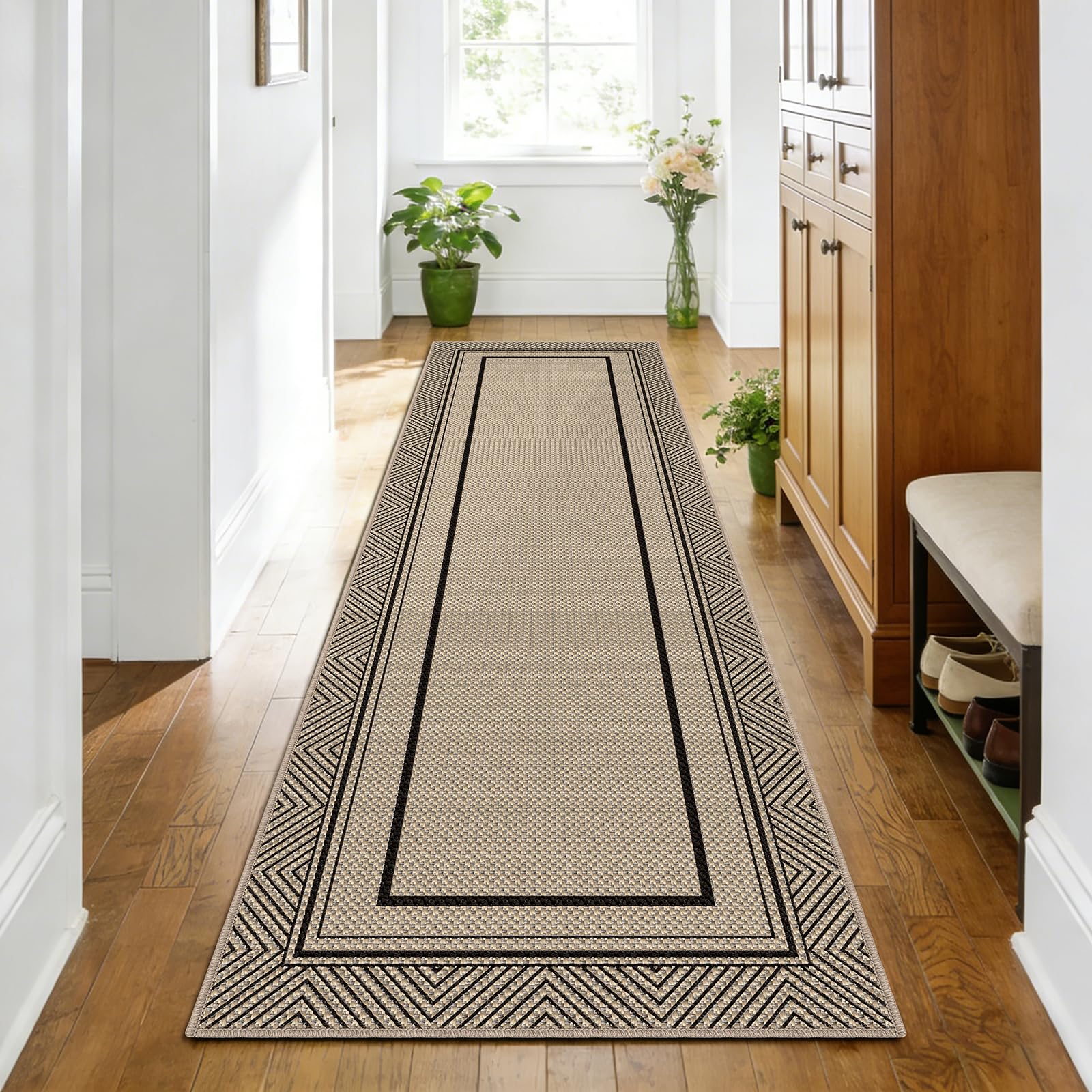 Photo 1 of Capslpad 2x8 Hallway Outdoor Rug, Faux Jute Geometry Line Entryway Rug, Farmhouse Washable Non-Slip Rubber Backing, Stain Resistant Low Pile Runners for Hallways, Kitchen, Bedroom, Laundry, Black