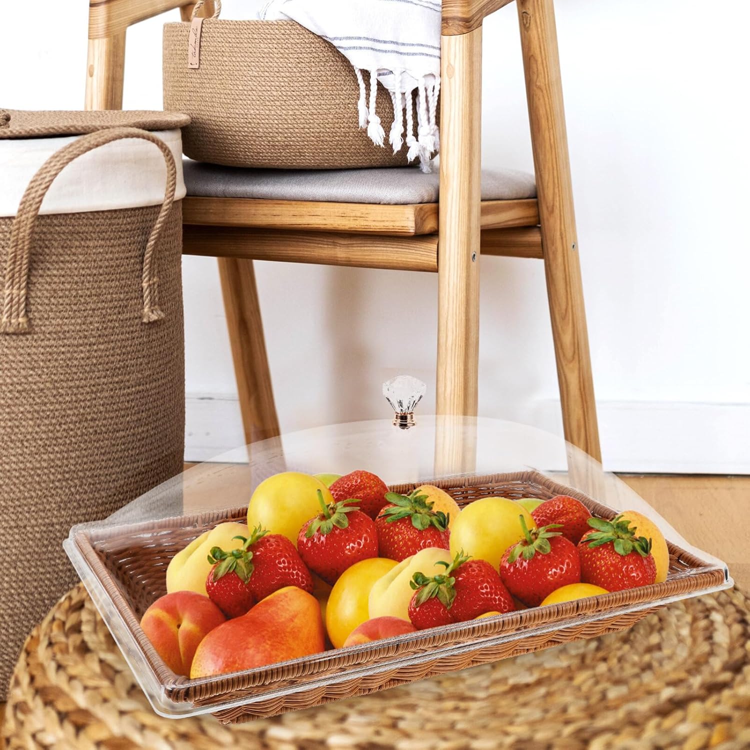 Kichvoe Woven Bread Basket with Clear Lid 16.37X10.23X7.28In Food Fresh-Keeping Serving Basket for Kitchen Parties Picnics and Restaurants