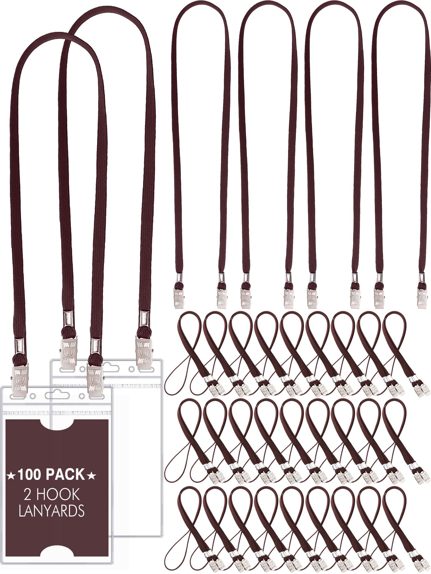Patelai 100 Pack Twist Free Double Clip Lanyards Bulk 2 Hook Adjustable Neck Strap for ID Badge Face Mask Badge Holder for Back to School Office Conference Business Church Essential (Brown)