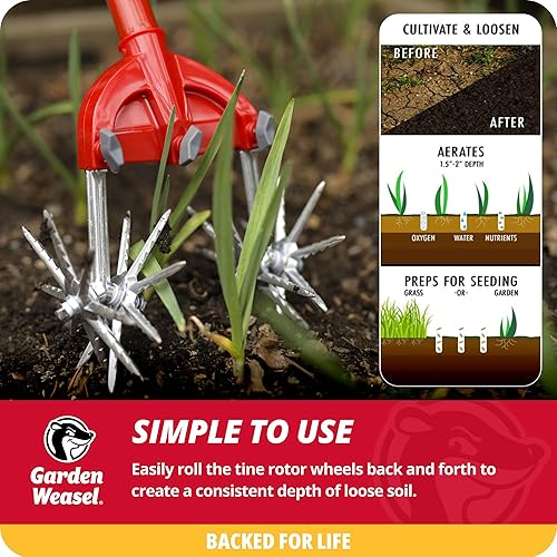 Miniatura 4 de Garden Weasel Cultivador Rotativo y Labrador Manual - 2 en 1  Aireación, Desmalezado, Cultivo, Plantación, Resembrado  Herramienta de Jardín para