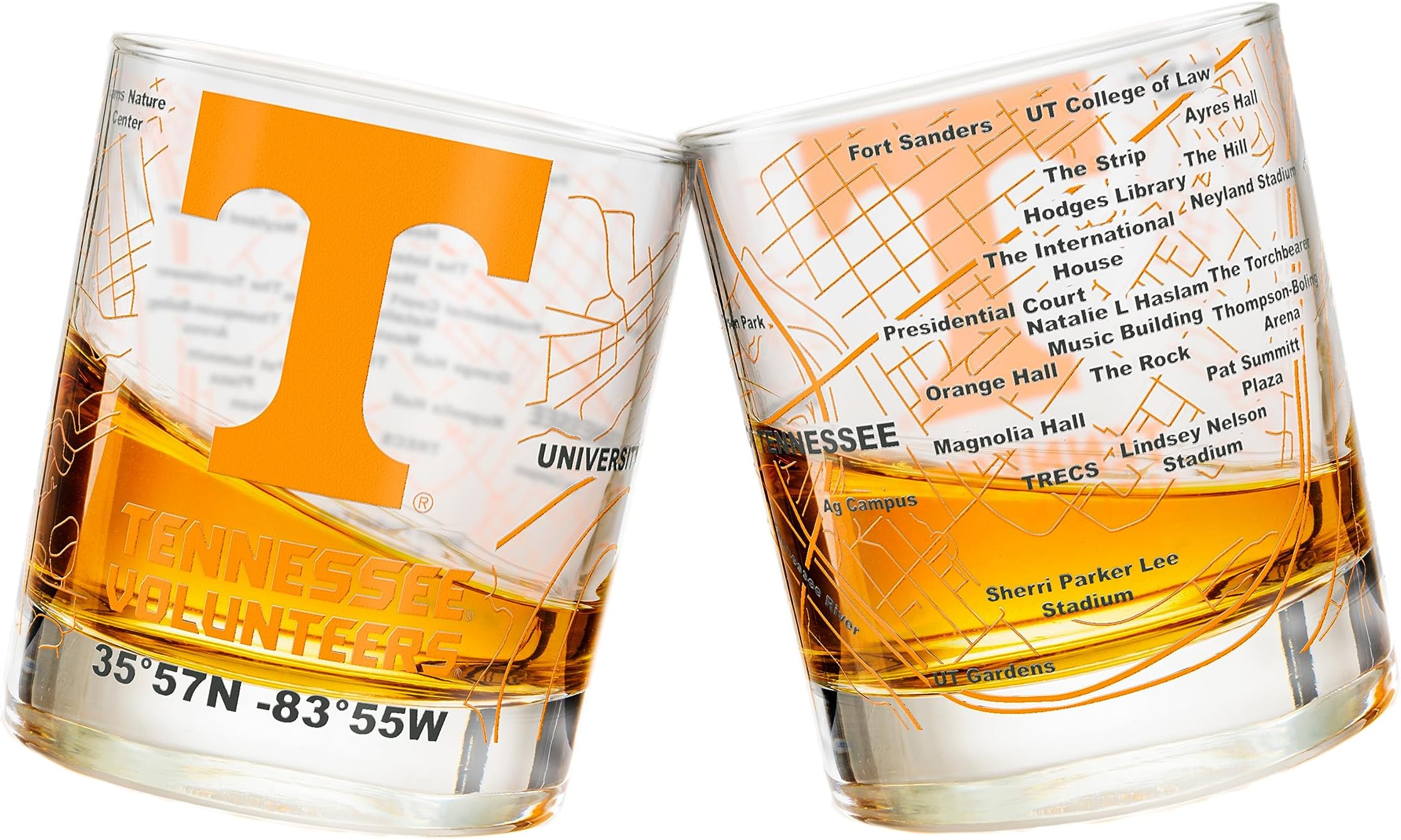University of Tennessee Volunteers Whiskey Glasses Set of 2, 10 oz Rocks Glasses with Full-Color Logo & Campus Map โ Officially Licensed Bourbon Glass Gift for Alumni & Fans