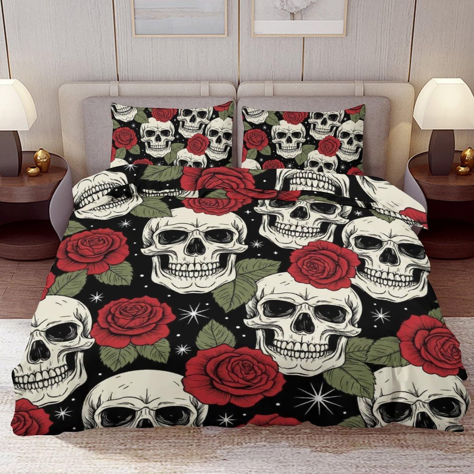Delerain Comforter Cover Set Full Size, Romance Rose Skull 3-Piece Bedding Set for Boys Girls Teens Modern Soft Microfiber Bedroom Set Room Decor, 1 Duvet Cover + 2 Pillowcases