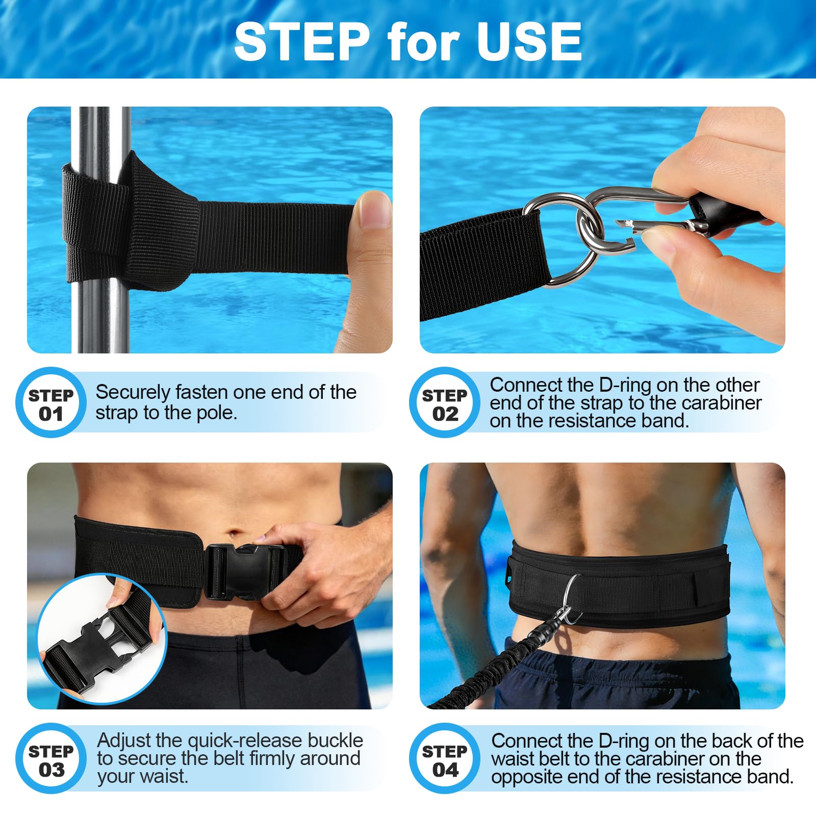Cinturón de Natación para Piscina Adultos y Niños, 2,5-7,5M Goma Elástico Natación de Látex Natural con Cinturón Ancho y Acolchado, Nadathlon Accesorios Cuerda para Nadar Estatica, Negro