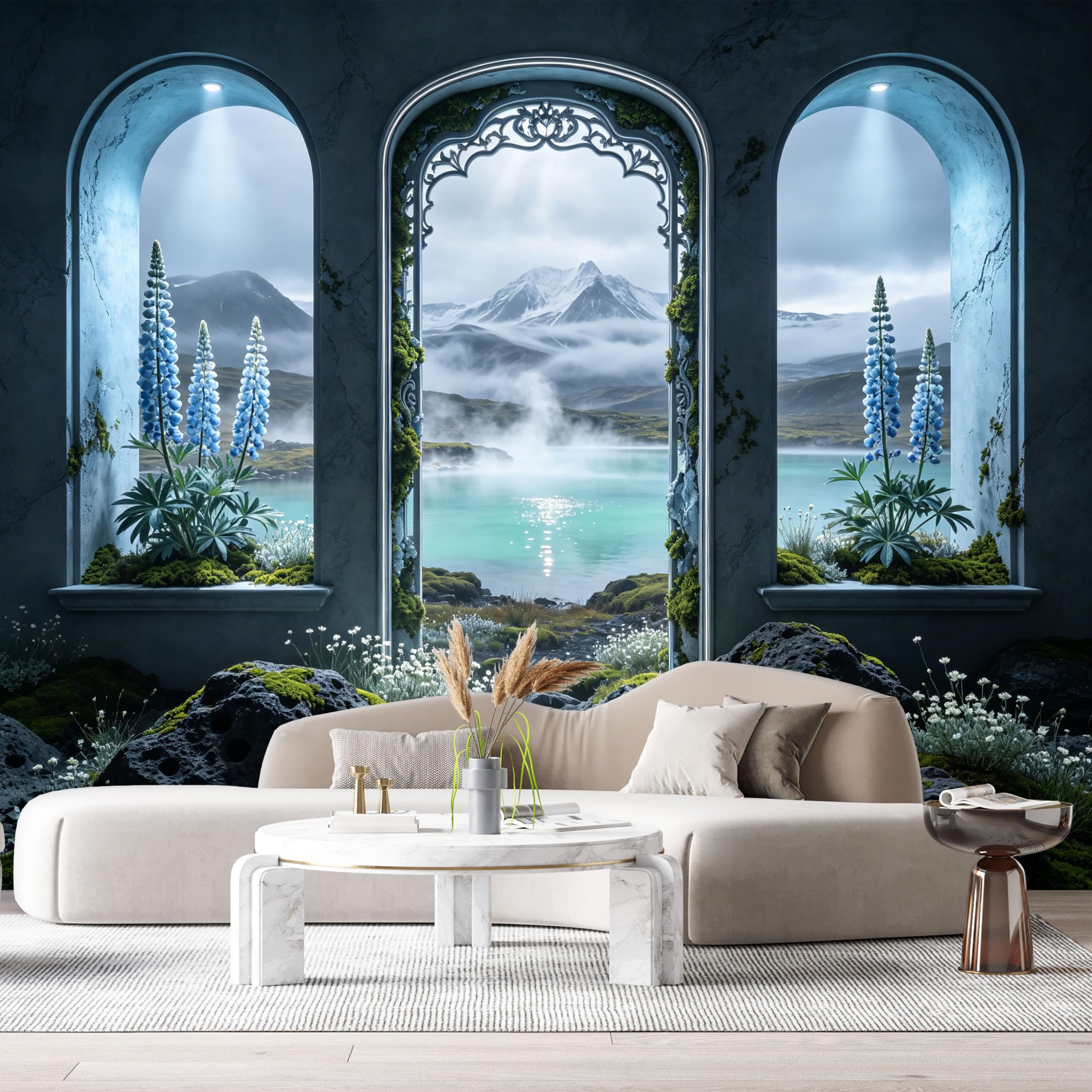 Custom Size Wall Murals Arch Window Mountain Lake Landscape 3D Trompe L'Oeil Botanical Blue Lupine Flowers SelfAdhesive Wall Fabric Removable Large Wallpaper for Photo Living Room