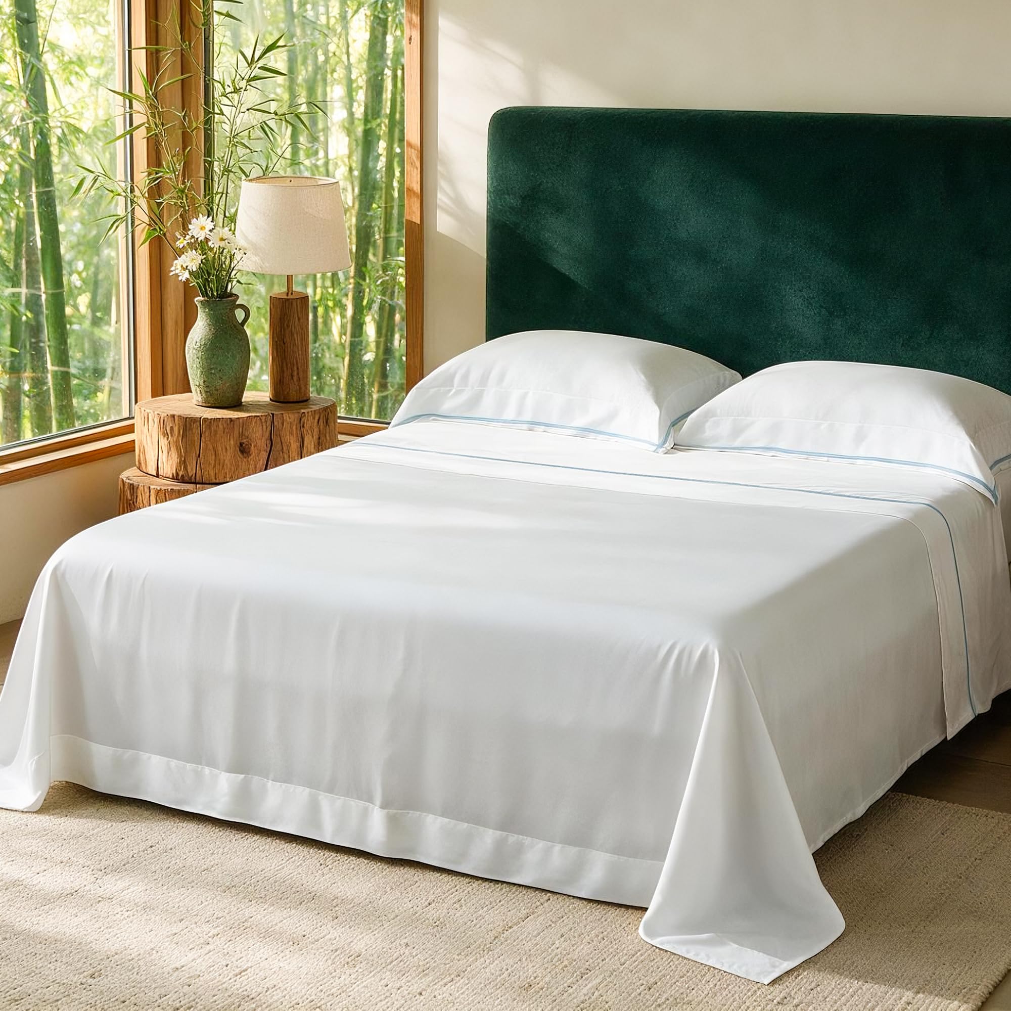 Photo 1 of JSELF 100% Viscose Derived from Bamboo Sheet Set - Hotel Luxury Cooling Bed Sheets for Hot Sleepers & Night Sweats, 18" Deep Pocket, Soft & Breathable, Oeko-TEX (White with Blue Tape, Queen)