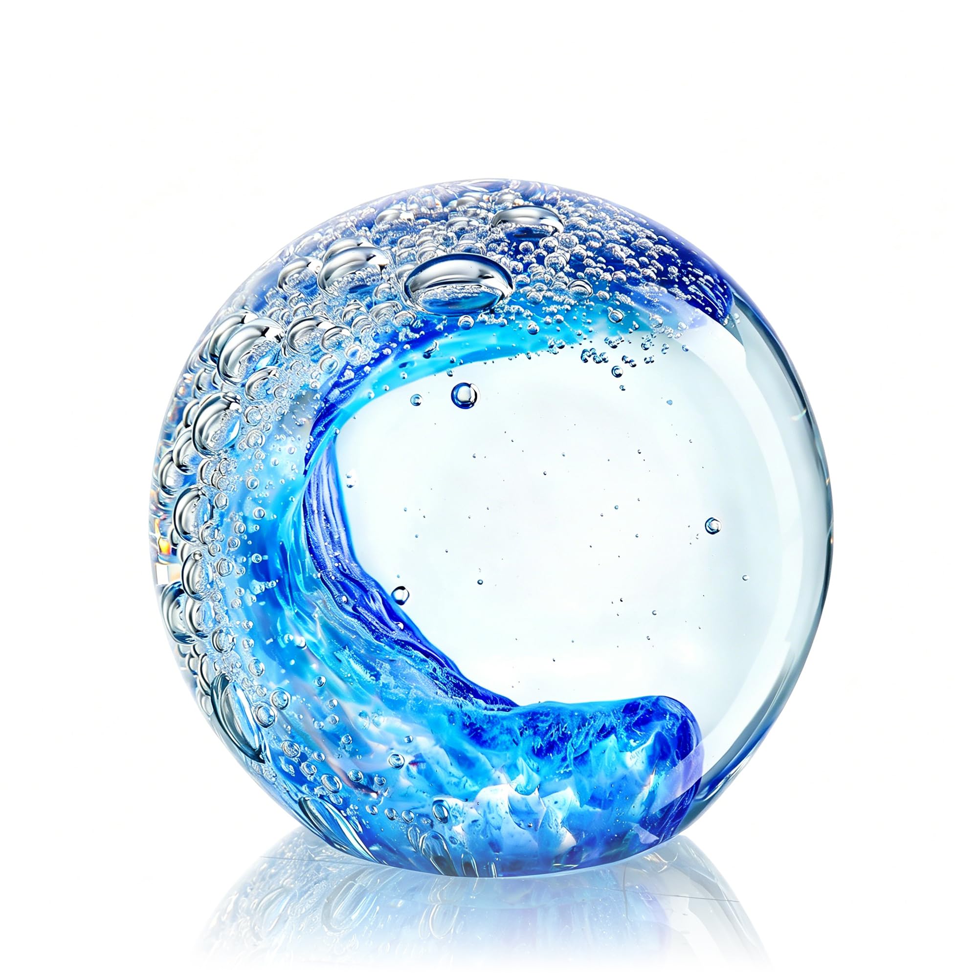 ZEERSHEE Hand Blown Ocean Wave Glass Ball, 3.1" Nautical Decor