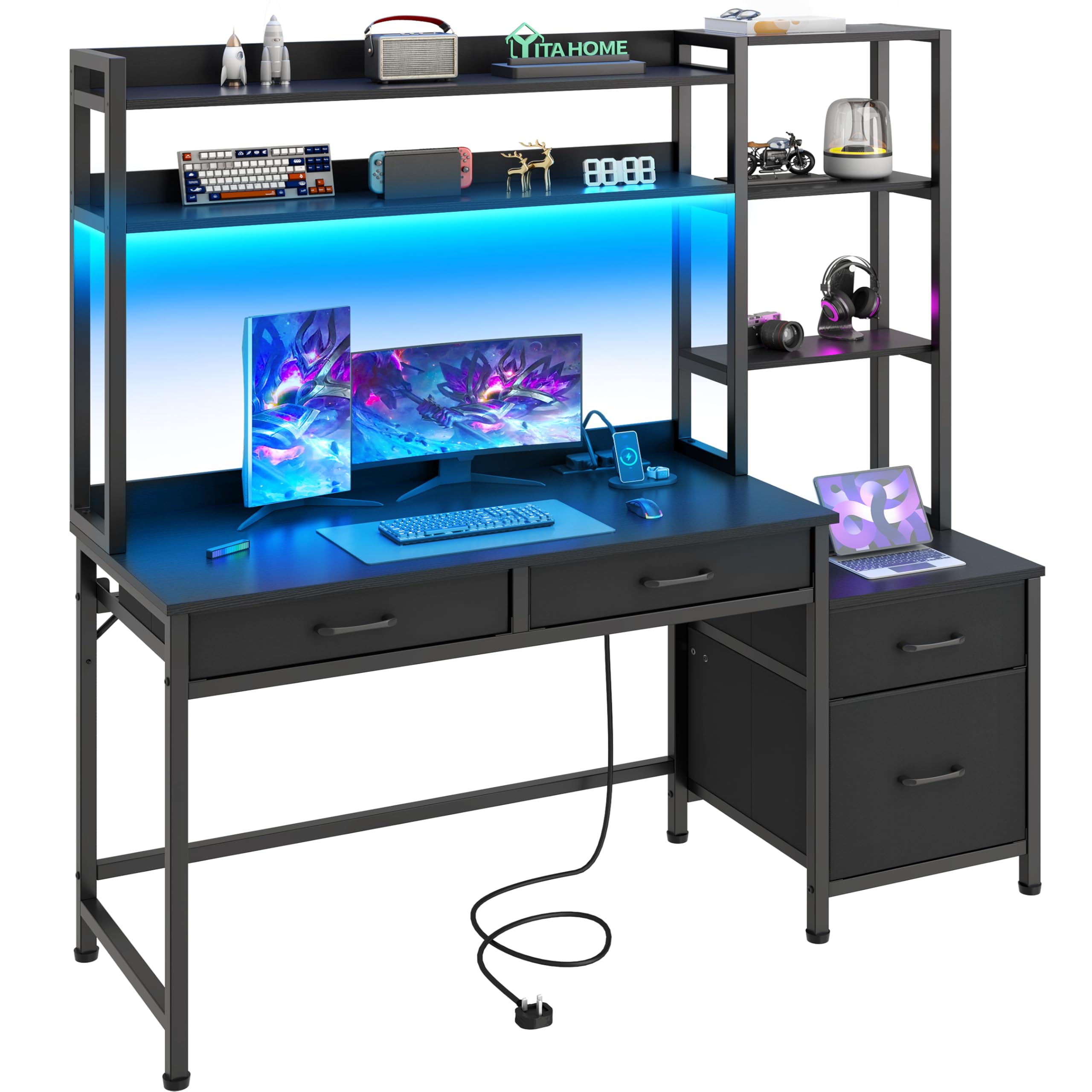YITAHOME 150cm Computer Desk with Drawers LED Power Home Office Black