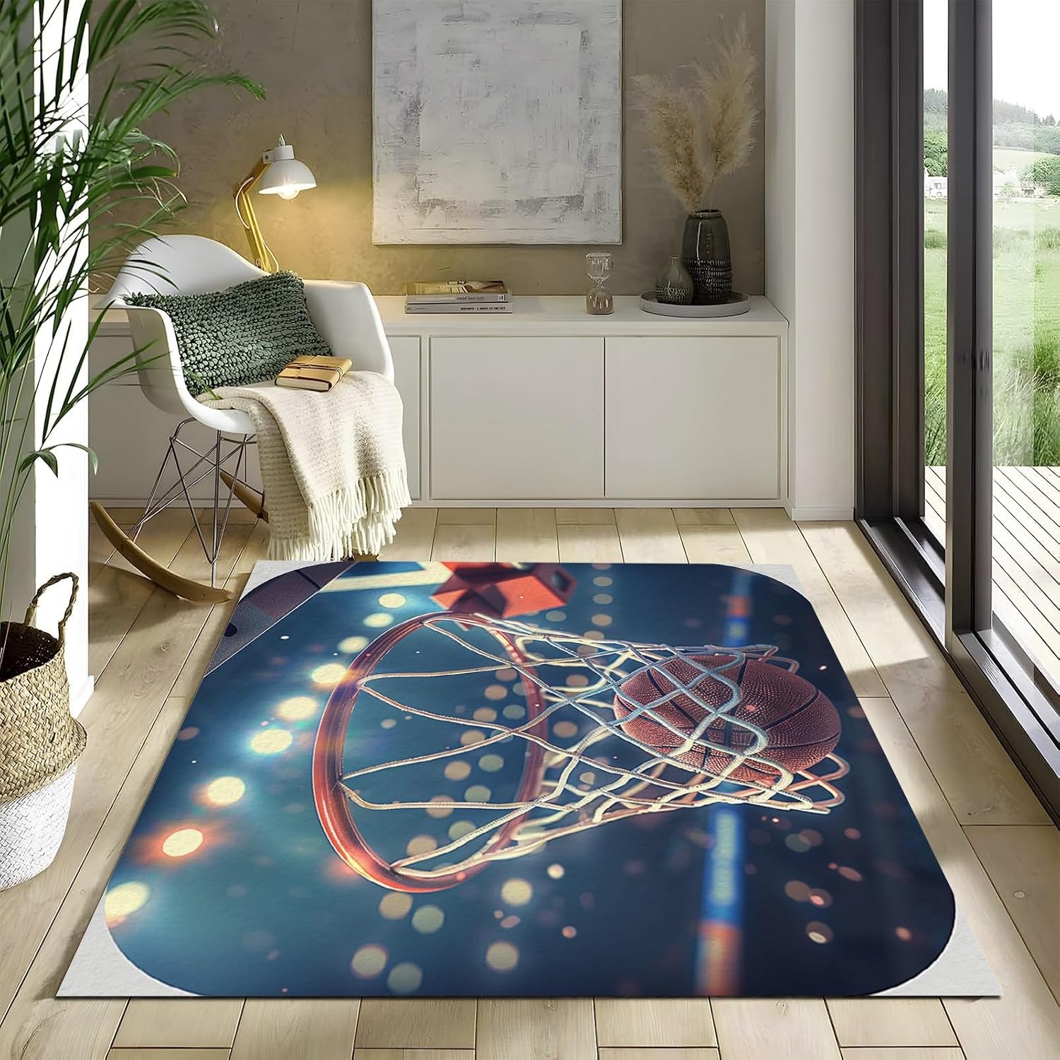 Basketball Large Area Blue Rug, Non Slip Easy Care Kids Rugs, Soft Breathable Durable Indoor Carpet for Bedroom Living Room Playroom Office Home Decor 6 X 9 Ft
