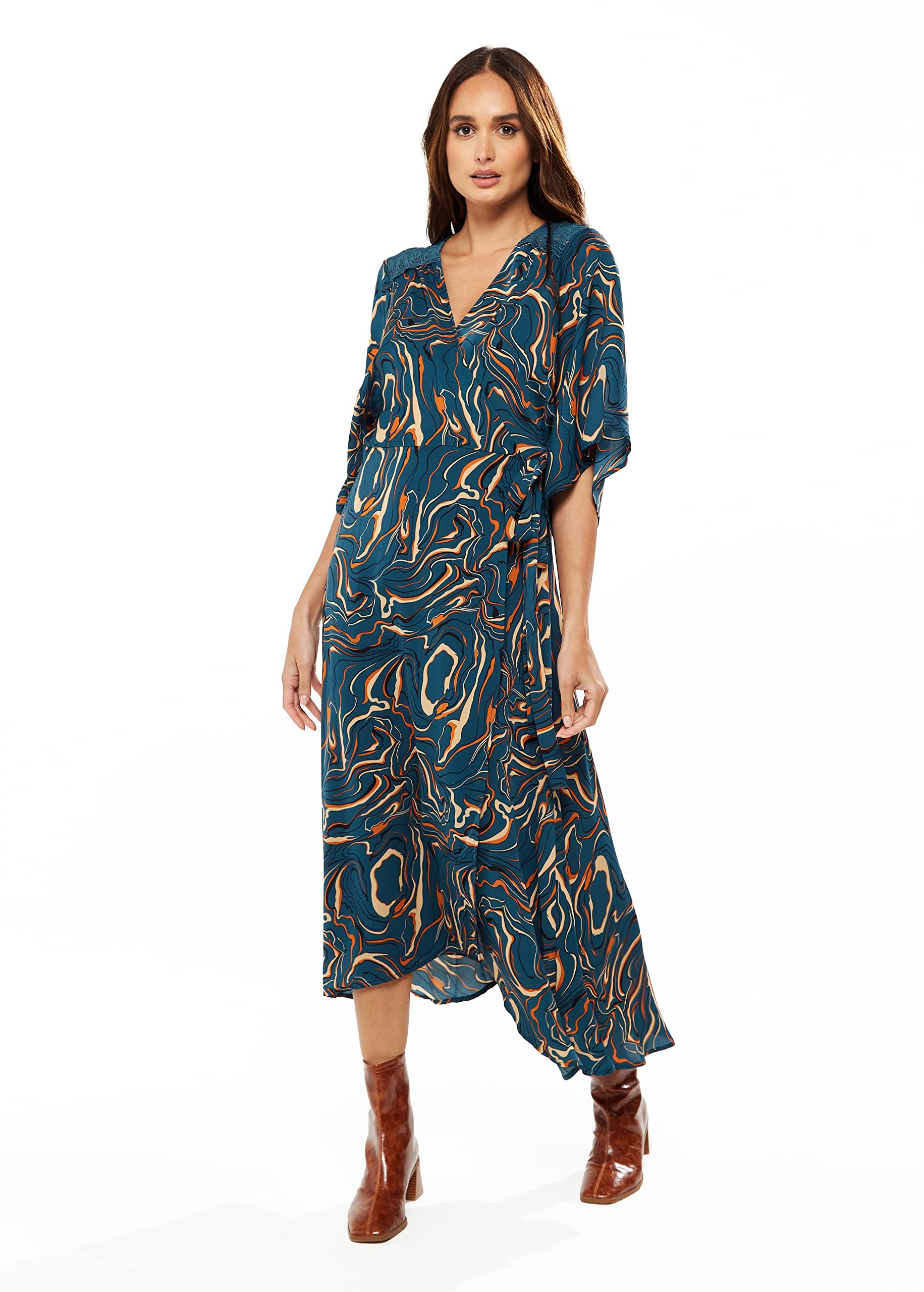 Liquorish Dark Green Scribble Print Maxi Wrap Dress With Kimono Sleeves - Women's Size 8