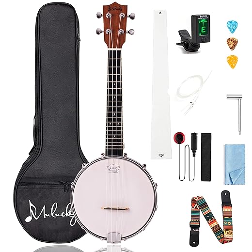 Mulucky 4-String Banjo Ukulele | Banjolele 23" Sapele Wood with Remo Head & Nylon Strings | Dark Brown Travel Kit (Bag, Tuner, Picks) - MBU-808