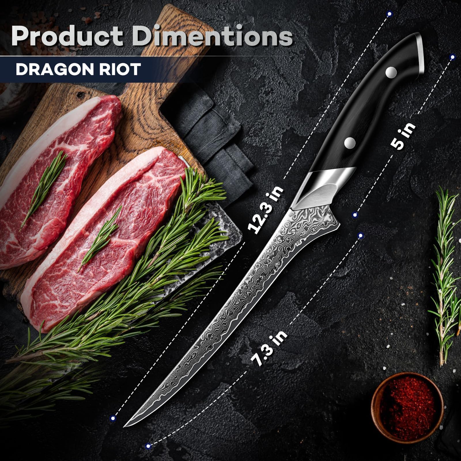 DRAGON RIOT Filetiermesser Fisch - Profi Fischmesser, Scharf Damastmesser mit Ergonomischer Griff, Japanisches Ausbeinmesser mit Flexibler Klinge, Damaststahl Filetiermesser