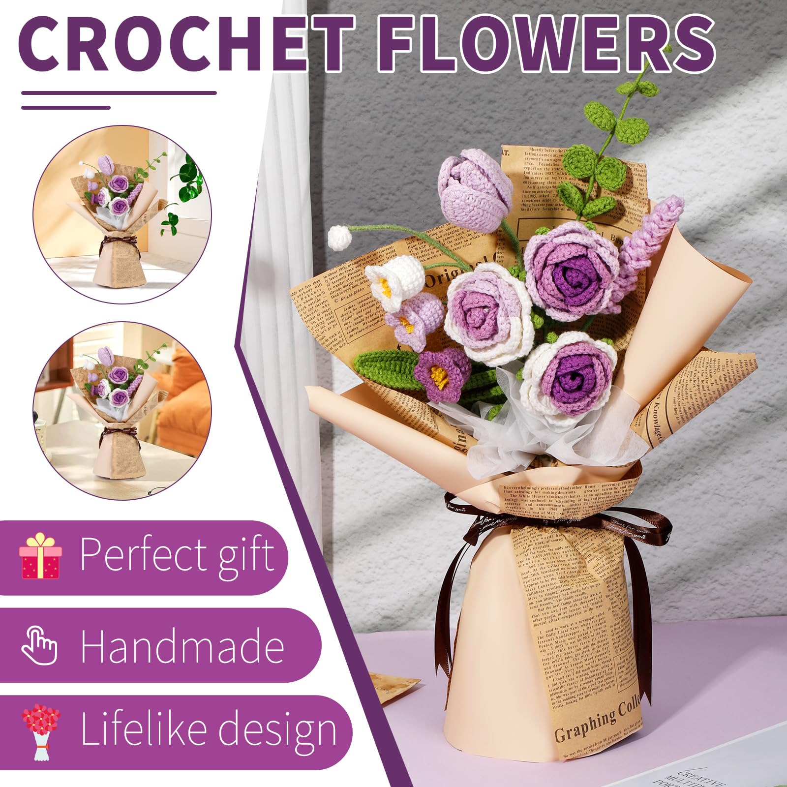Beginner Crochet Flowers Kit - Purple Roses -5 Beginner Crochet Flowers Kit - Purple Roses -5
