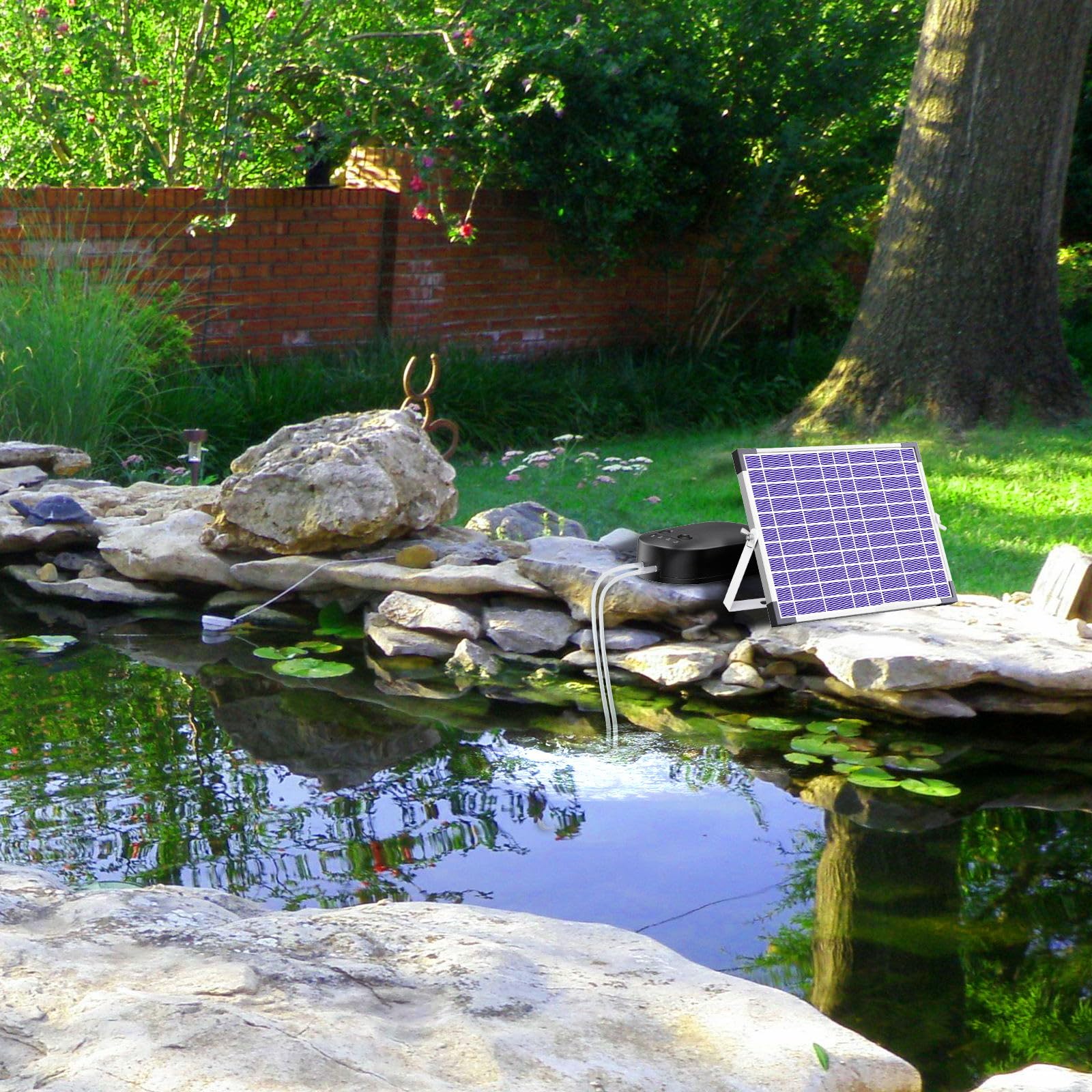 Biling 15 W Aeratore Laghetto Solare, Pompa ad Aria Solare Ossigenata con 4400mAh Batteria, Batteria Indicatore Carica, 4 Pietre Porose Tubo da 4 m, Aerazione di Laghetti da Giardino, Acquari, Pesca