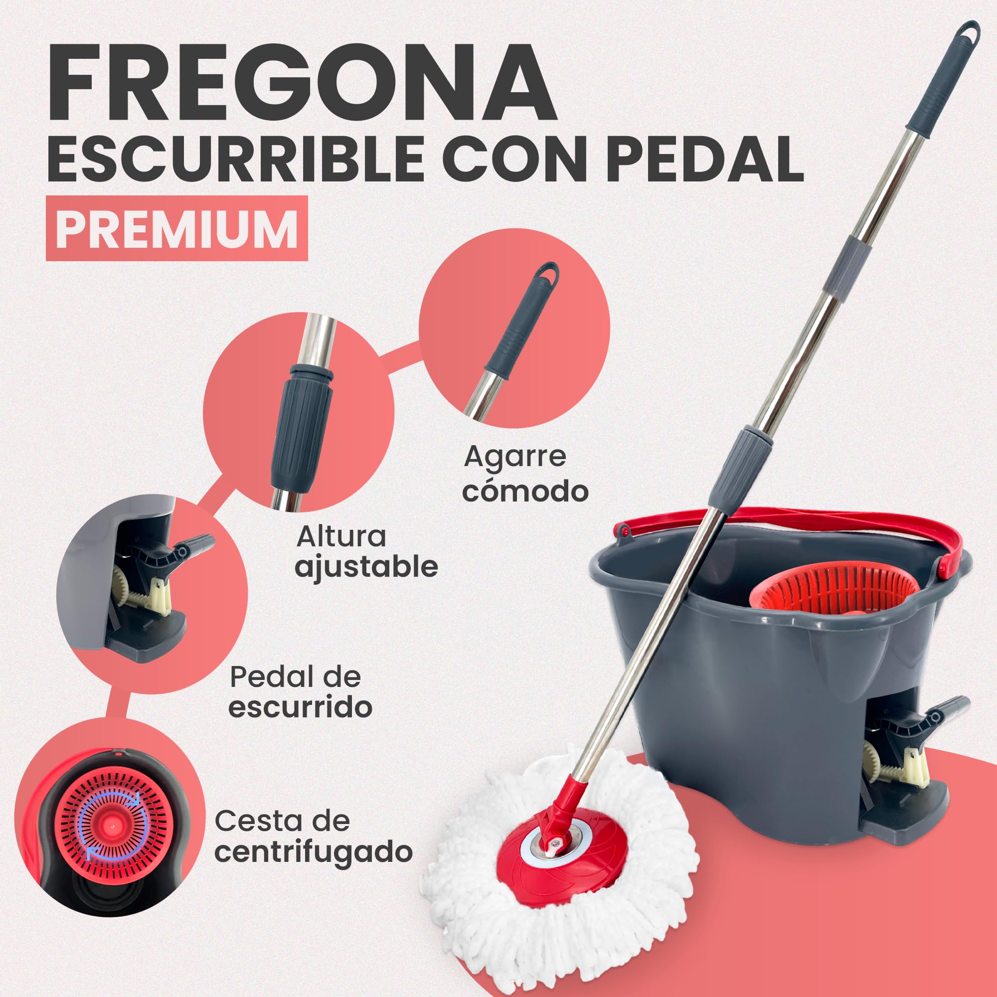 JUPPLIES Cubo Fregona Autoescurrible con Pedal y Fregona Giratoria 360º con Cabezal de Microfibra - Mango Telescópico para Limpieza del Hogar