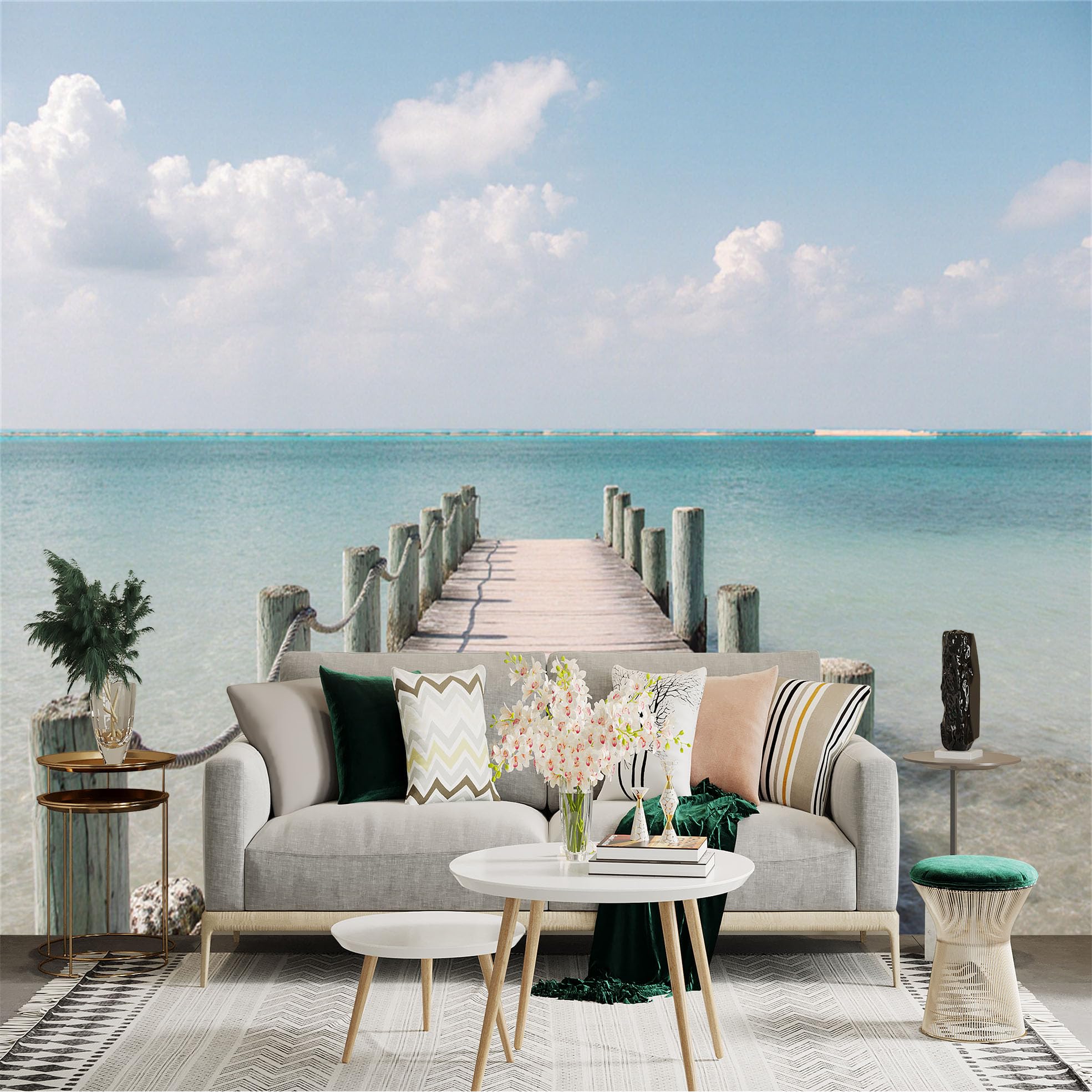 Lnzczhyre Xc260505870 Custom Size Wall Sticker Mural， Wooden Pier On Tropical Ocean， Peaceful Seascape View， Sunny Beach Horizon， For Wall Decoration， Peelandstick Wall Decals.