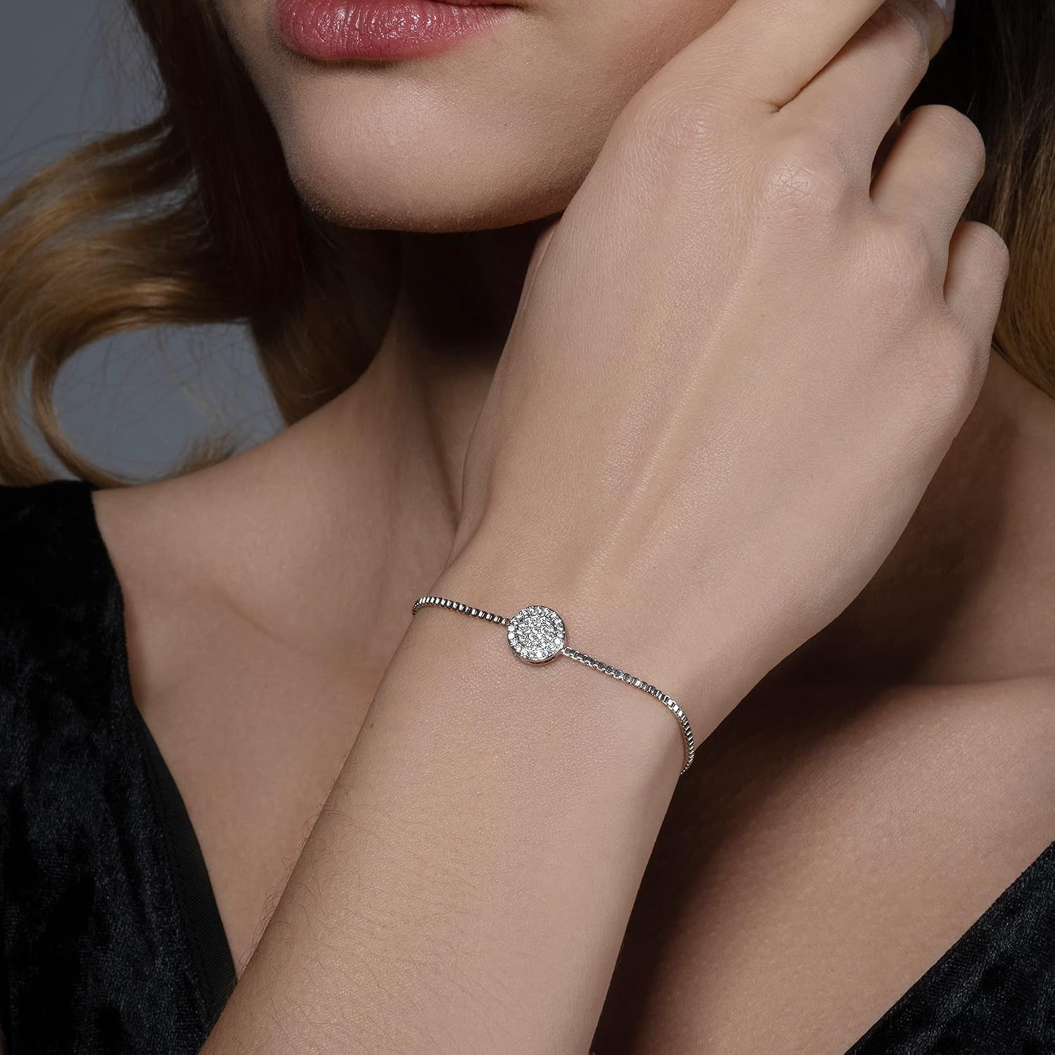 namana Celestial Disc Bracelet with Cubic Zirconia. 18ct Rose Gold or Silver Colour Diamante Disc Bracelet. Cube Chain Bracelet with Adjustable Bead Fastening. (Silver - Image 3