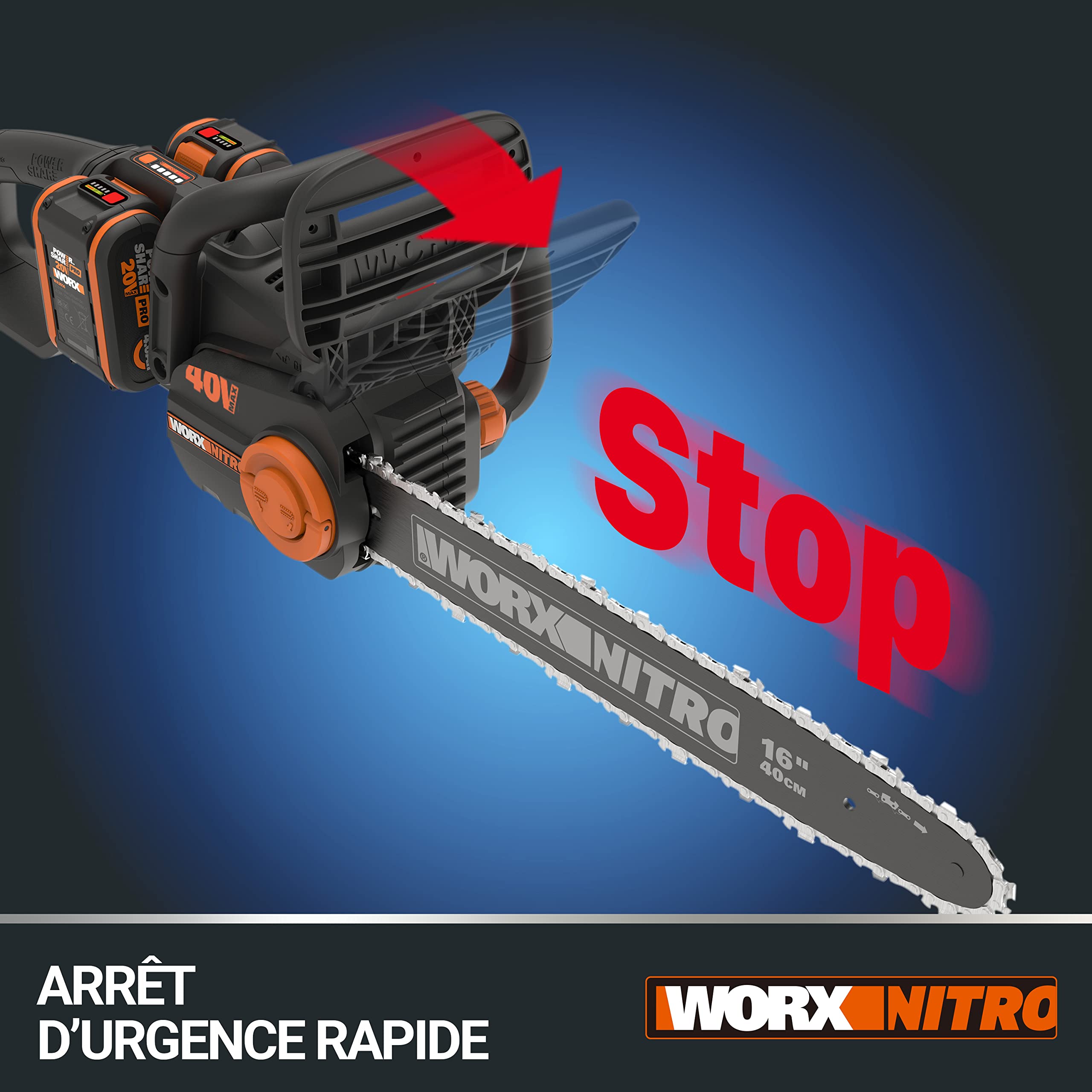 WORX Piła łańcuchowa Nitro 40V (2x20V) | PowerShare | WG385E.9 | Nie obejmuje baterii i ładowarki | Silnik bezszczotkowy | Miecz 40 cm | Hamulec łańcucha i automatyczne smarowanie