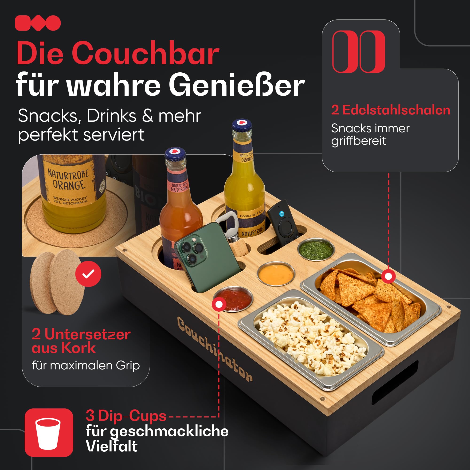 Premium Couchbar - Kiriholz - 3 Farben - 3 Dipschalen 2 Snackschalen 2 Untersetzer 1 Flaschenöffner, Snackbox Organizer Flaschenhalter - Sofa Butler Serviertablett (Schwarz mit Schriftzug)