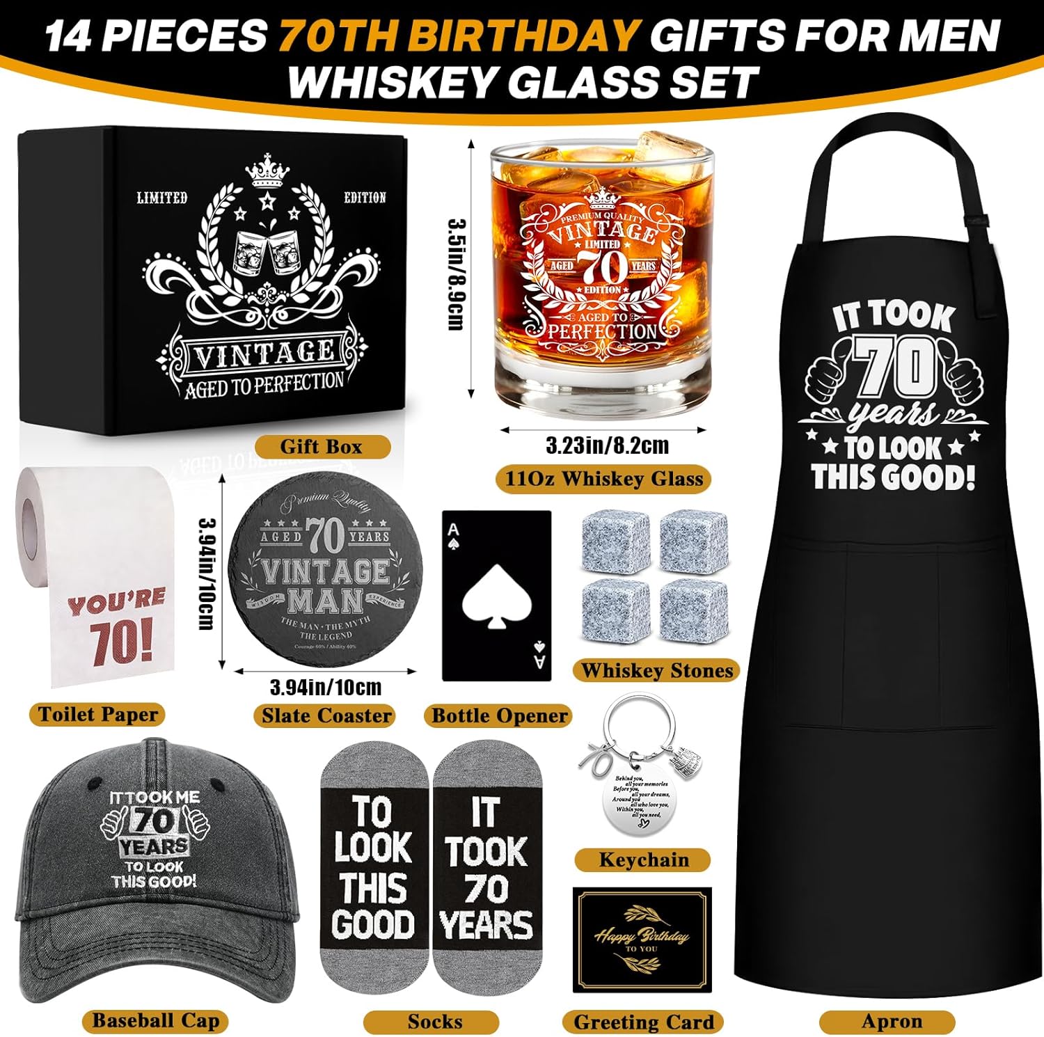 70th Birthday Gifts for Men Whiskey Glass Set, 70th Birthday Party Supplies with 11 Oz Whiskey Glass Coaster Stone Baseball Cap Apron Sock Funny Toilet Paper Keychain for Him, Dad, Husband, Friends - Image 3