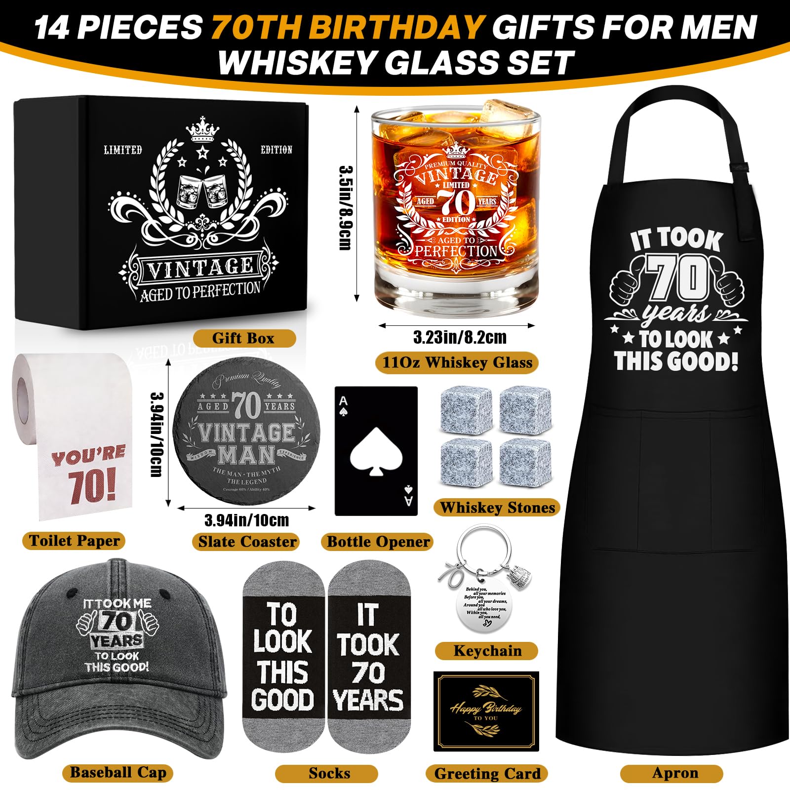 70th Birthday Gifts for Men Whiskey Glass Set, 70th Birthday Party Supplies with 11 Oz Whiskey Glass Coaster Stone Baseball Cap Apron Sock Toilet Paper Keychain for Him, Dad, Husband, Friends