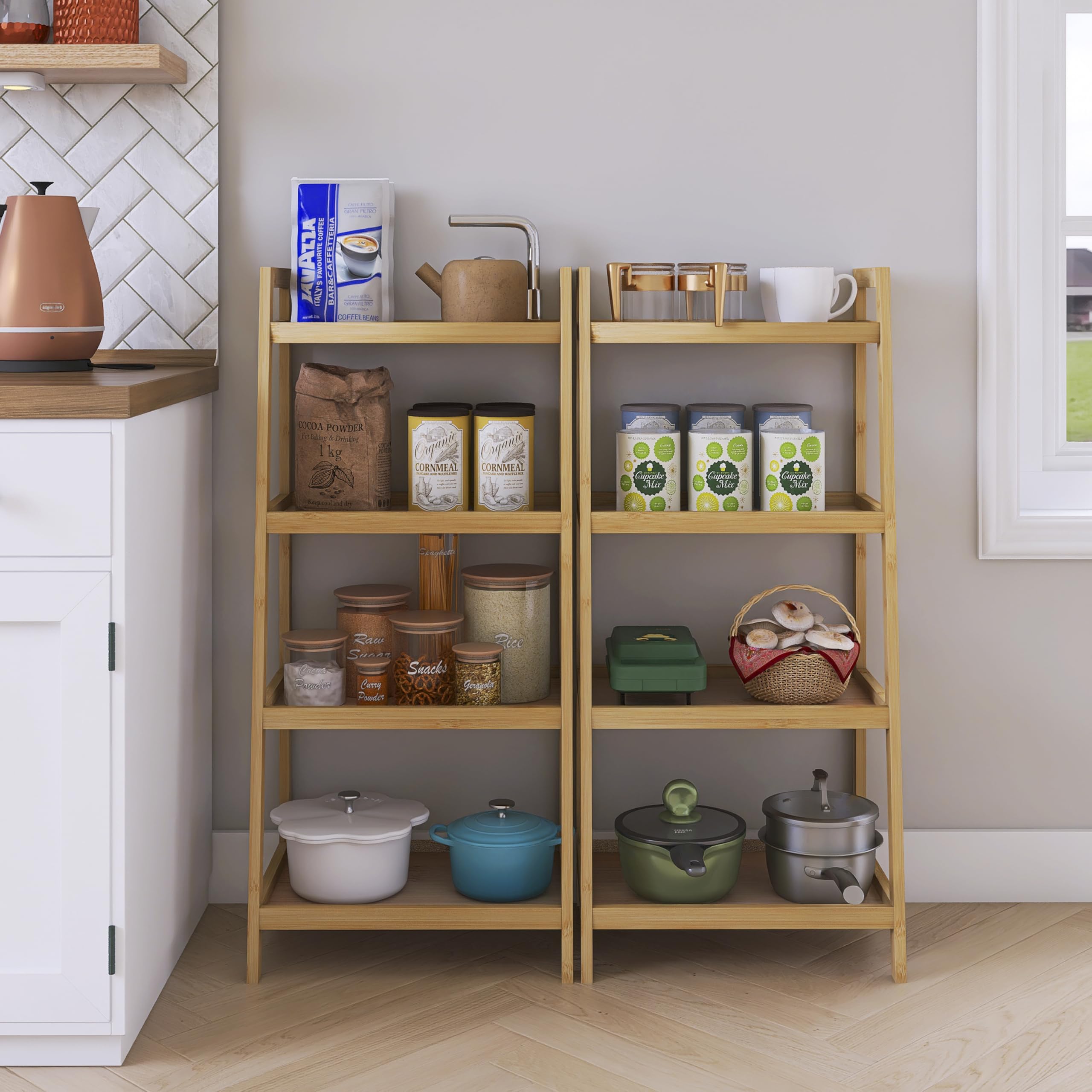 Ladderplank - ZENODDLY 4-laags witte ladder boekenplank, 1,40 m hoog, vrijstaand, scheve boekenplank, ladderplanken, houten ladder, boekenkast voor woonkamerplanken, keuken, badkamer, entree, halway