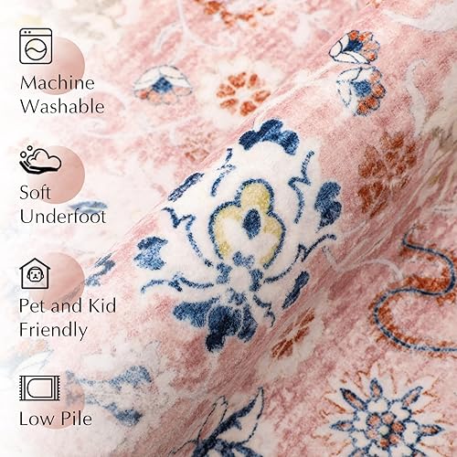 Miniatura 2 de WondRg Alfombra de área de 5 x 7 pulgadas, color rosa, floral, lavable, para dormitorio de niñas, sala de estar, diseño floral envejecido,