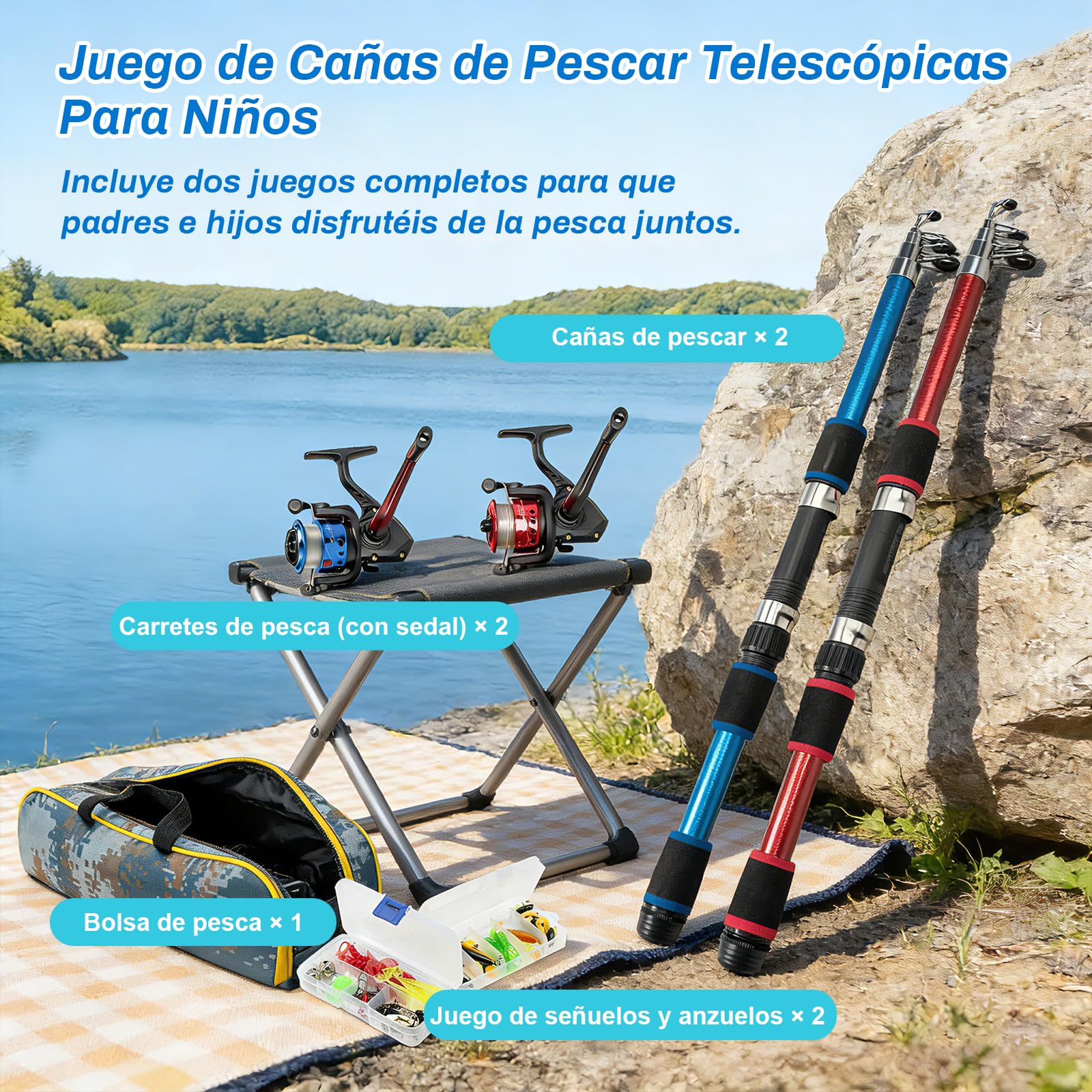 Kit de 2 Cañas de Pescar Niños 1,8m Telescópicas Ligeras 240g, Kit Completo con Carrete Giratorio 5,2:1 Spinning, Señuelos, Accesorios y Bolsa de Transporte, Mar Lago Río, Regalo Principiantes