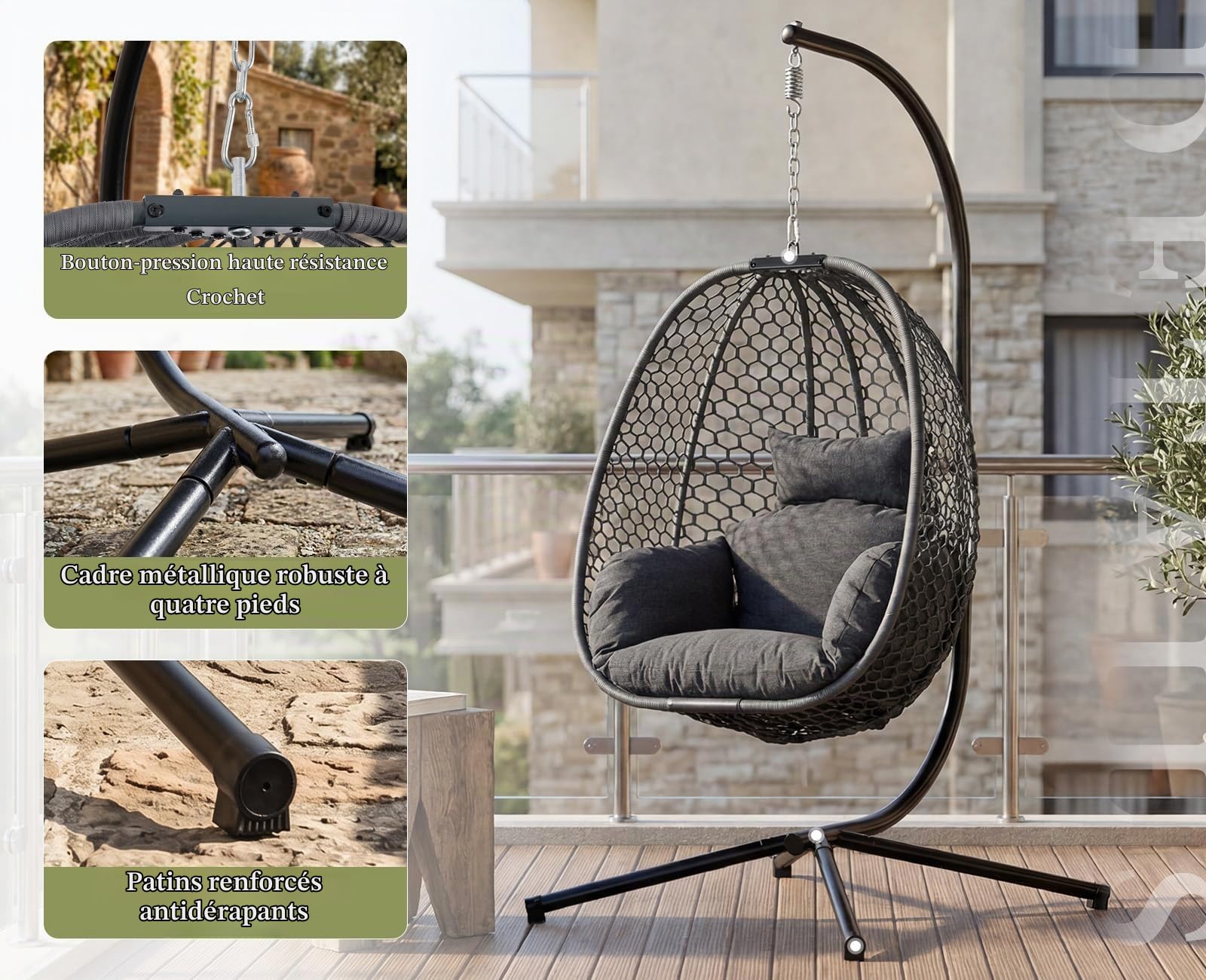 Ya-Home Fauteuil Oeuf Suspendu, Gris Foncé