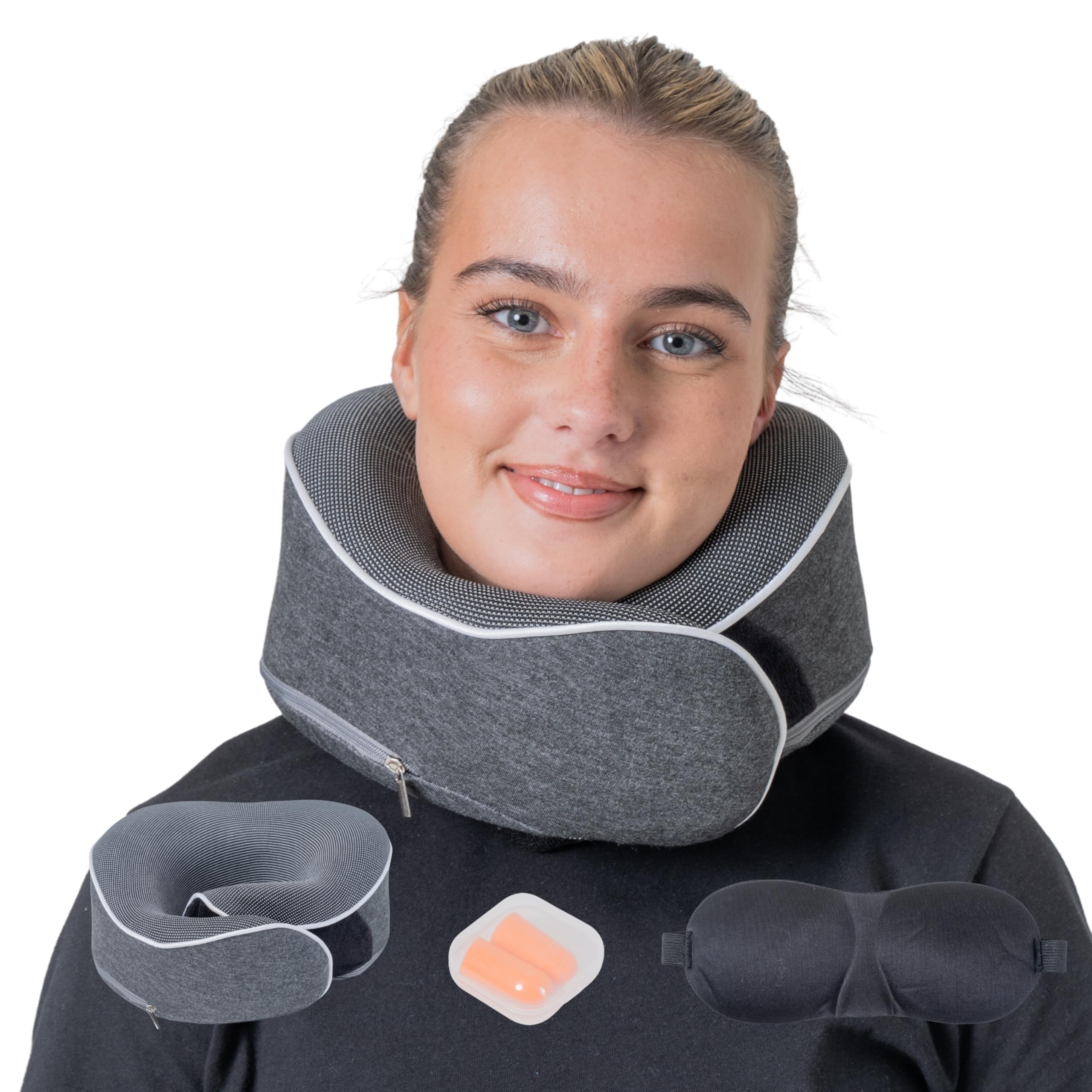 Relaxd Travel Pillow for Adults | Adjustable Memory Foam Neck Pillow for Travel | 360 Degree Neck Support | Removable Pillow Case | Includes Eye Mask, Earplugs, Travel Bag | Dark Grey | UK Brand