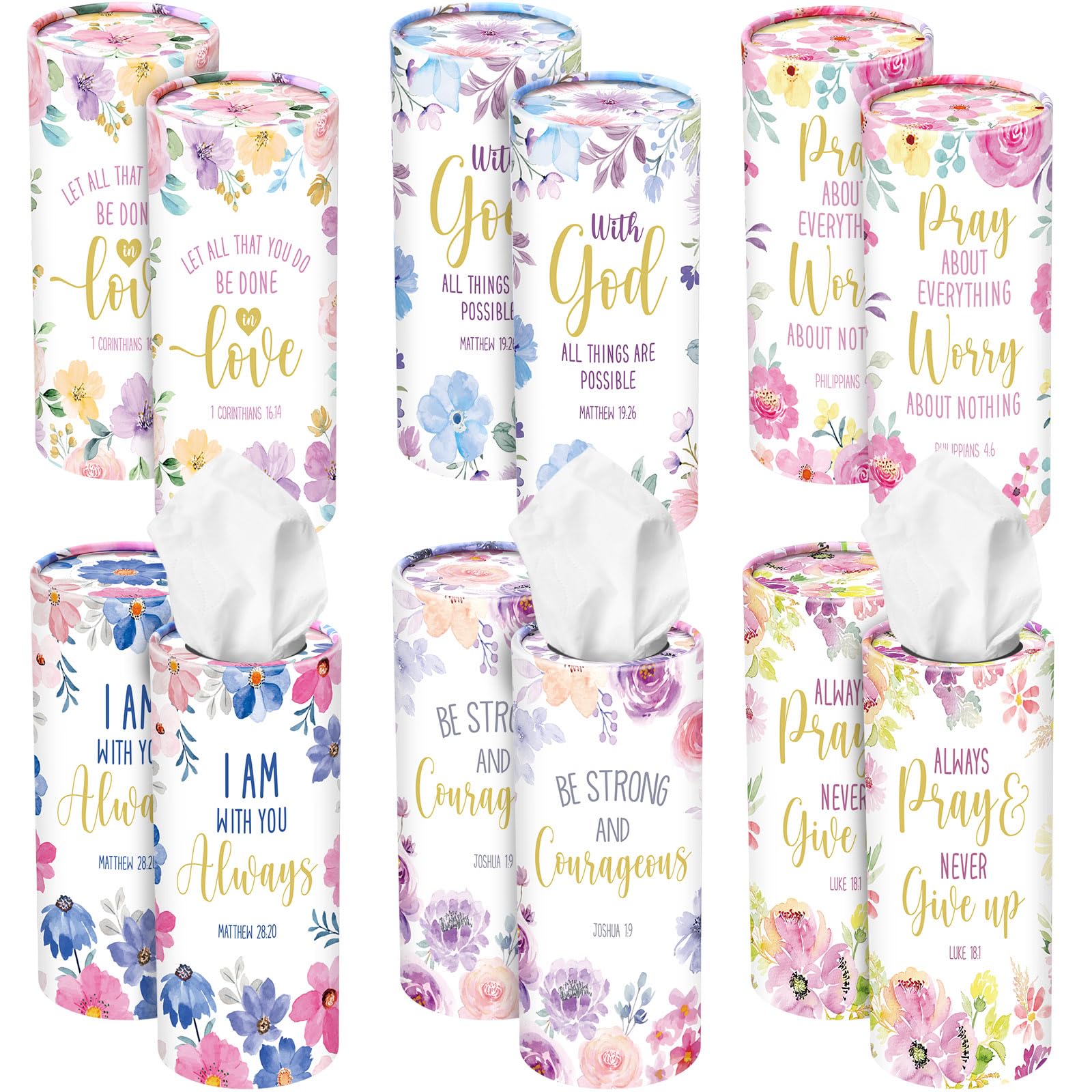Outus 12 Pcs Floral Christian Car Tissues Cylinder Holder with 3 Ply Facial Tissue Bulk Inspirational Bible Verse Tissue Holder Flower Religious Travel Tissues Boxes Container for Car Cup Home Office