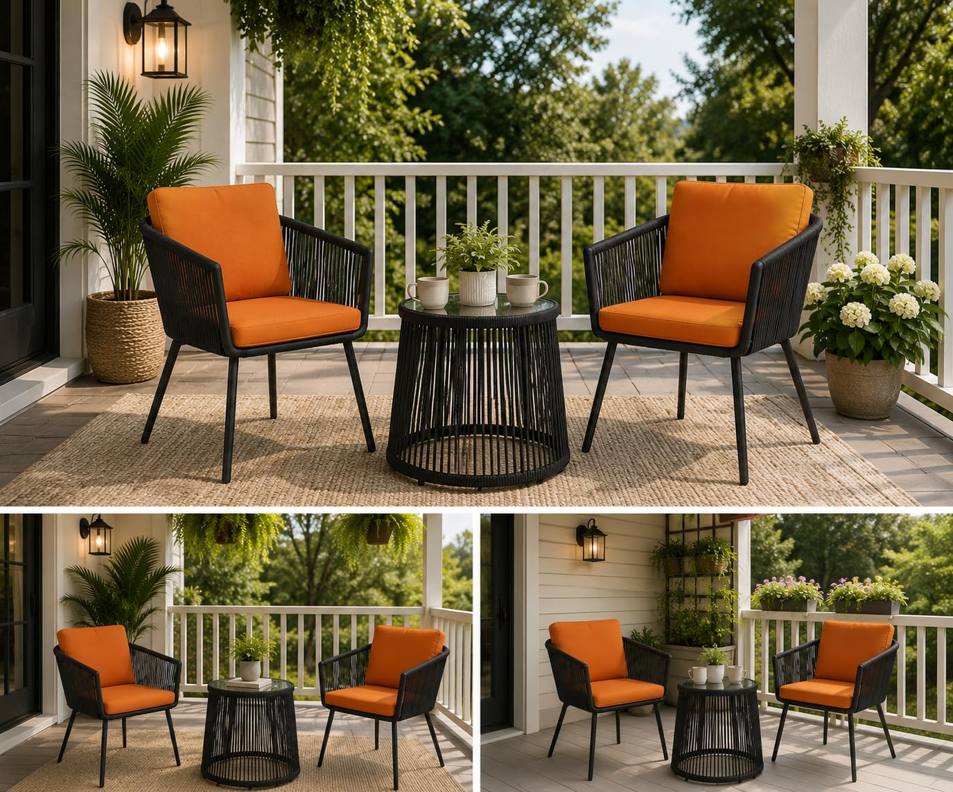 STRINGKNOT Viraj Luxe Outdoor Patio Furniture Set with 2 Handwoven Braid Rope Chairs (Black), Cushions (Orange) & Glass Top Table, Coffee Set for Balcony, Garden or Terrace-image-38