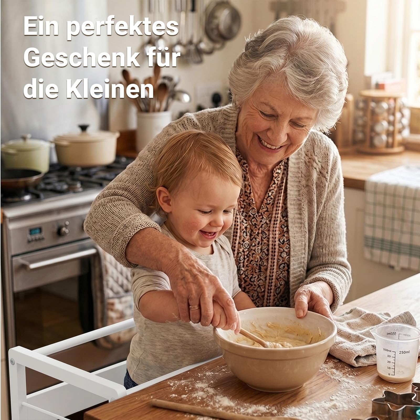COSYLAND Lernturm Montessori Learning Tower Holz Stabil, Reinweiß | Stabiler Toddler Tower mit 4 Stützfüßen & Rutschschutz. 3-fach höhenverstellbar für Kinder ab 2 Jahren in Küche.