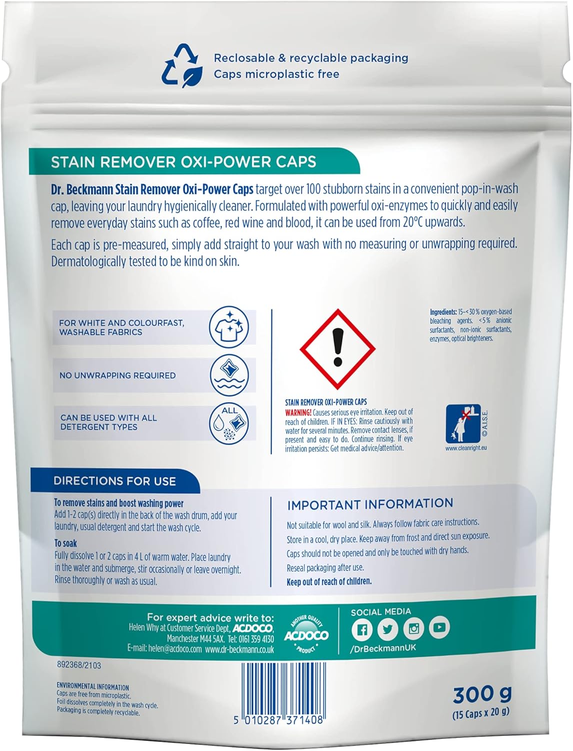 Dr. Beckmann Stain Remover Oxi Power Caps | Eliminate stubborn stains | Convenient, ready-to-use caps | for both machine washing & soaking | 15 caps