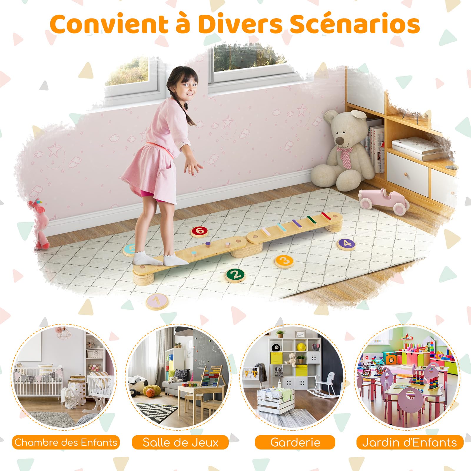 COSTWAY Poutre d'équilibre en Bois Enfant avec Pierres d'obstacle Colorées, Jouets Montessori d'entraînement d'équilibre avec Design Double Face, Charge 60kg pour Tout-petits de 1 An+