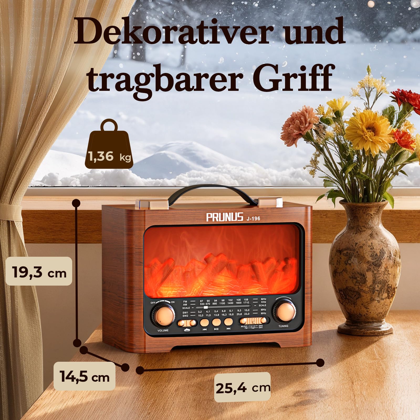 PRUNUS J-196 AM/FM/SW Retro Radio mit Bluetooth | Nostalgie Radio mit Akku 1800mAh | Transistorradio Küchenradio für Zuhause | Flammen-LED | USB/TF Slot | großem 8W-Lautsprecher | Vintage-Dekoration