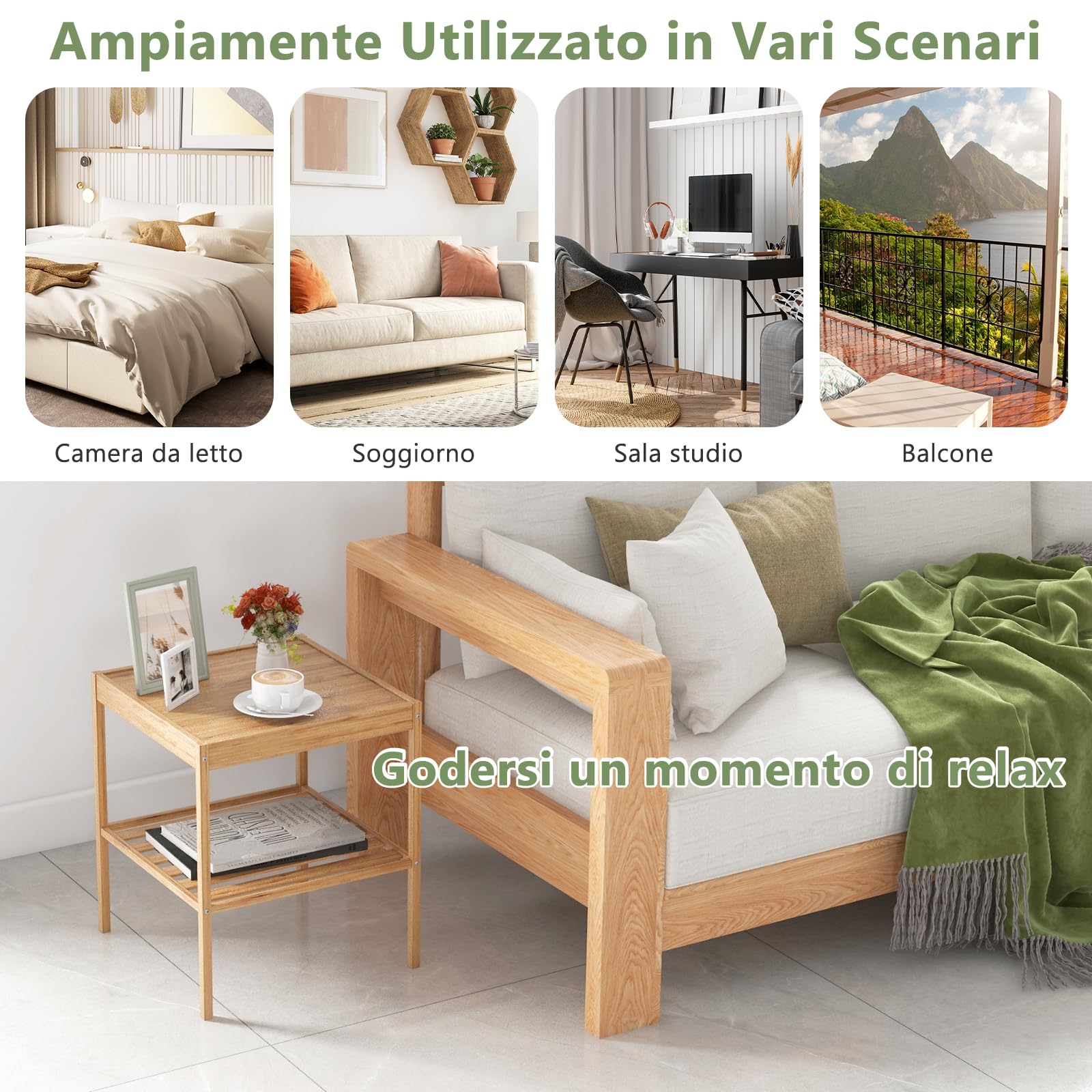 GYMAX Set di 2 Comodini in Bambù, Comodino a 2 Ripiani Portaoggetti, Set di 2 Tavolini Moderno da Soggiorno Camera da Letto, 40 x 40 x 45 cm, Naturale