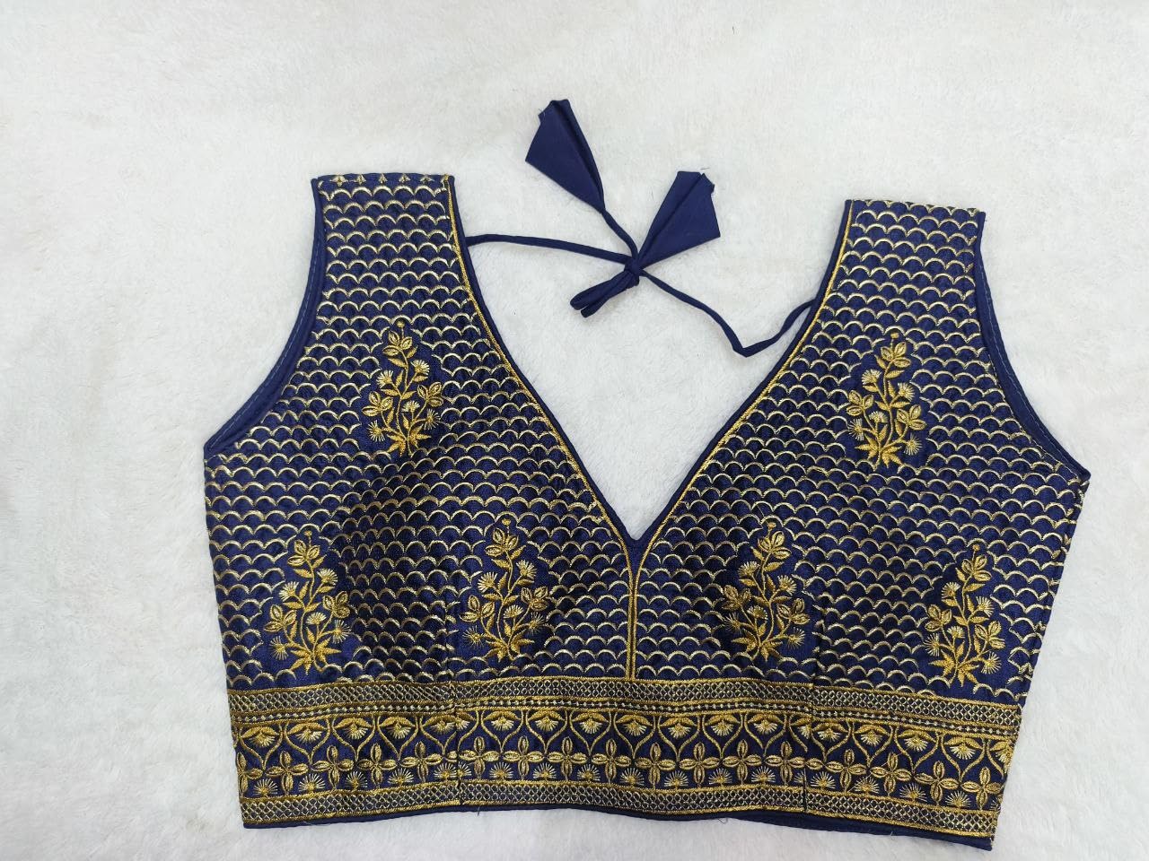 Pujia Mills Women's Sequin Embroidered V Neck Sleeveless Readymade Saree Blouse Indian Ethnic Designer Stitched Women's Readymade Saree Blouse Sleeveless Blouse Readymade Navy Blue Blouse For Women