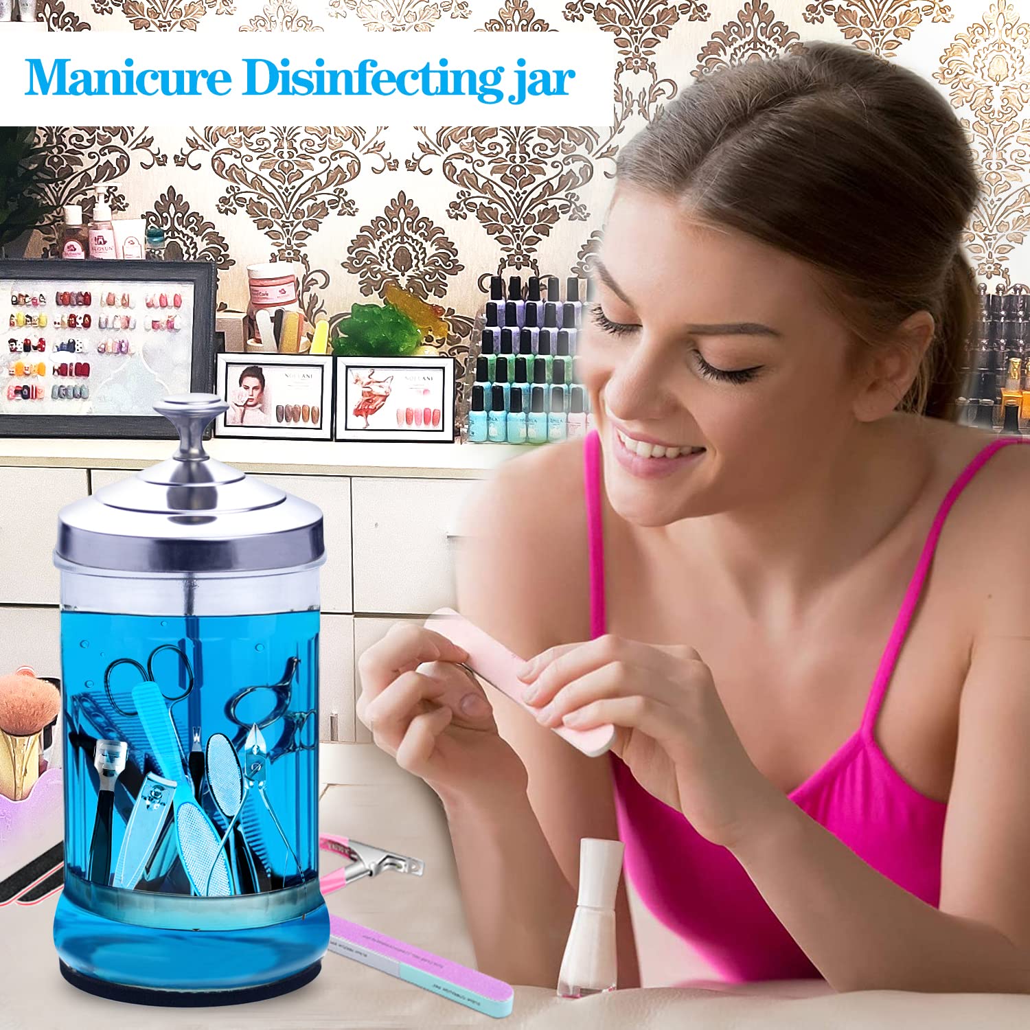 Słoik do dezynfekcji, 940 ml, słoik do dezynfekcji manicure, mały szklany słoik do dezynfekcji artykułów fryzjerskich, słoik do dezynfekcji manicure, ze zdejmowanym koszem na narzędzia do