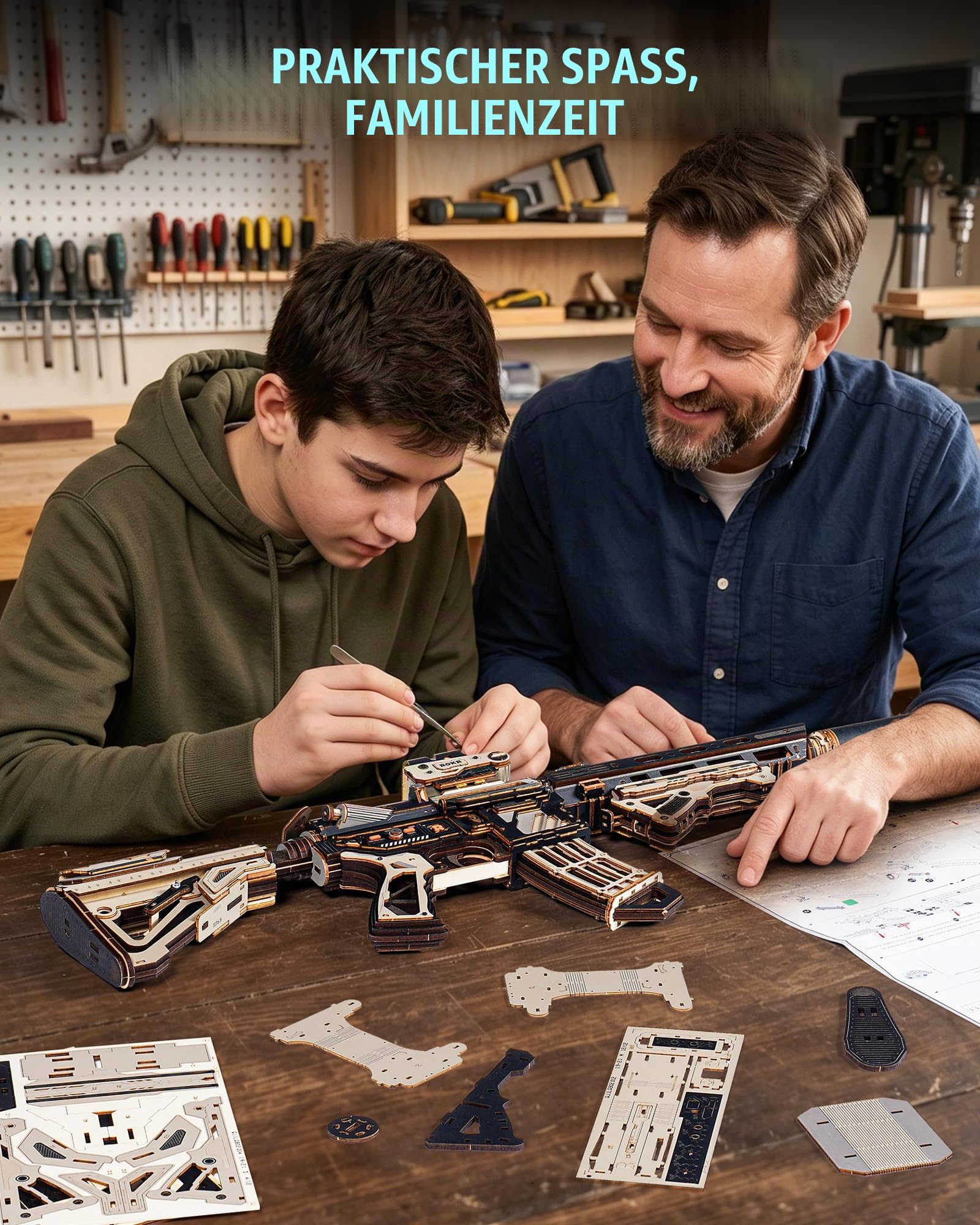 ROKR M416 3D Mechanisches Launcher Modell Bauset für Erwachsene 410 Teile Tactical Style DIY Holz Puzzle Interaktives Elastikband Action Spielzeug Geschenk für Männer LQB02