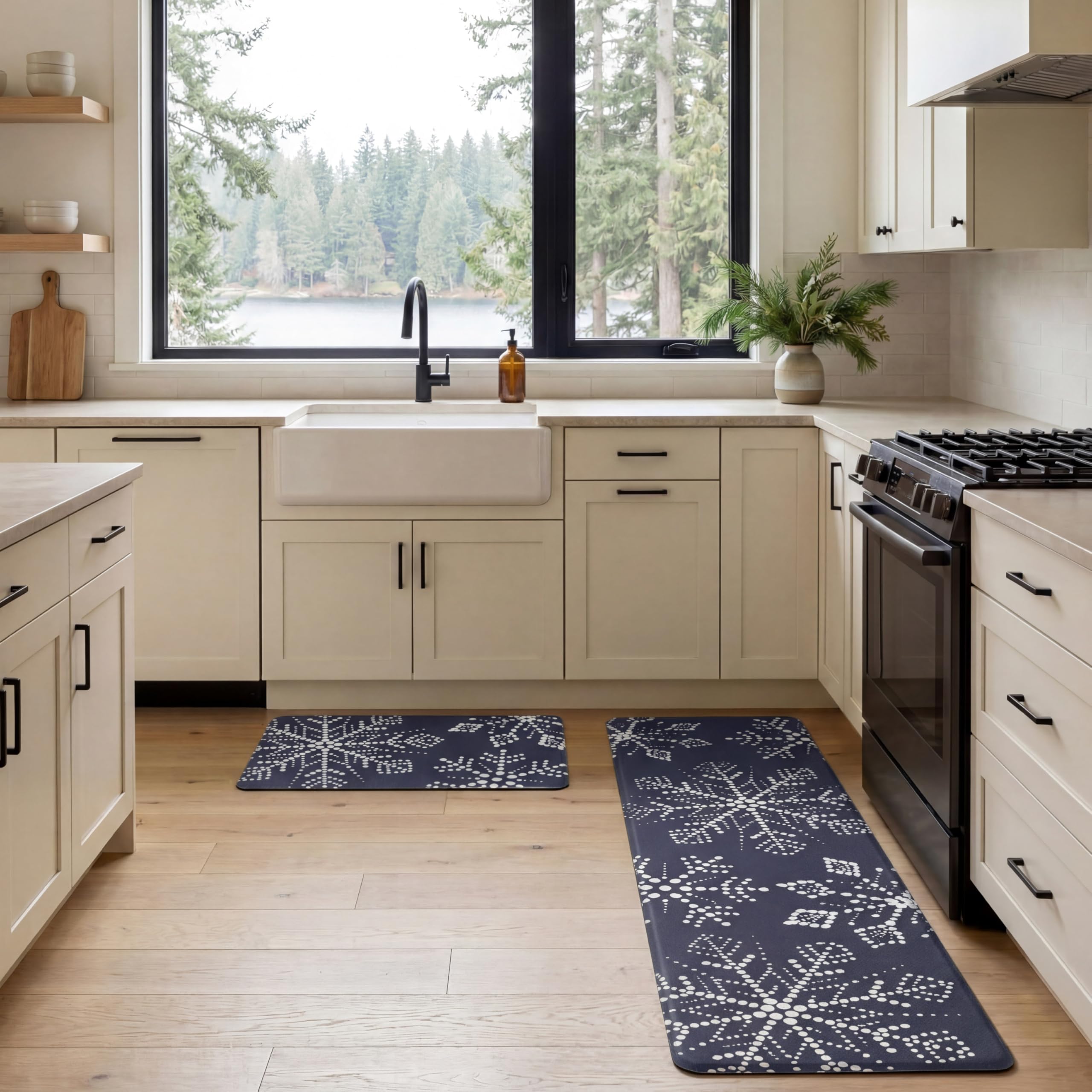 Eddie Bauer Snowflakes Anti Fatigue Cushioned Non-Slip 2pc Set Kitchen Mat 18"x28" & 18"x60" Navy