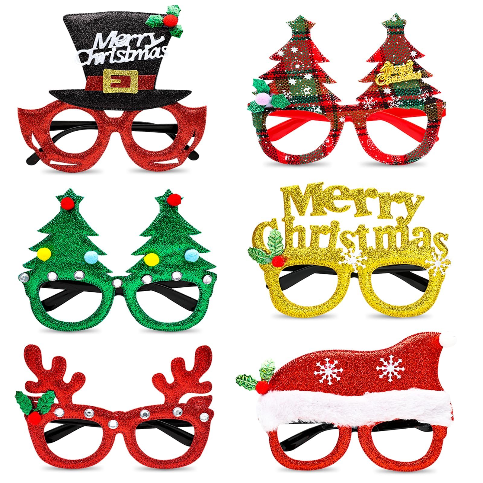 BIGTHREE 6 Piece Christmas Glitter Party Glasses, Christmas Fancy Dress Costume Decoration for Kids and Adults, Christmas Decoration Eyeglasses for Christmas Parties New Year Favors Photo Booth